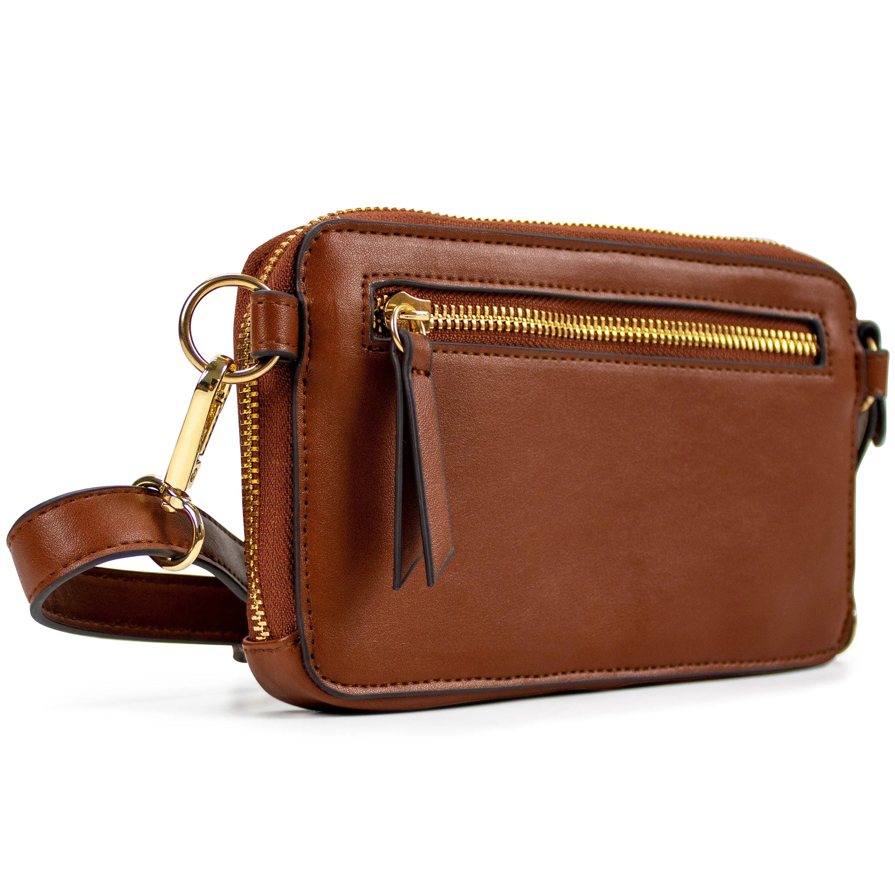 Brown leather crossbody bag with gold zipper on a white background