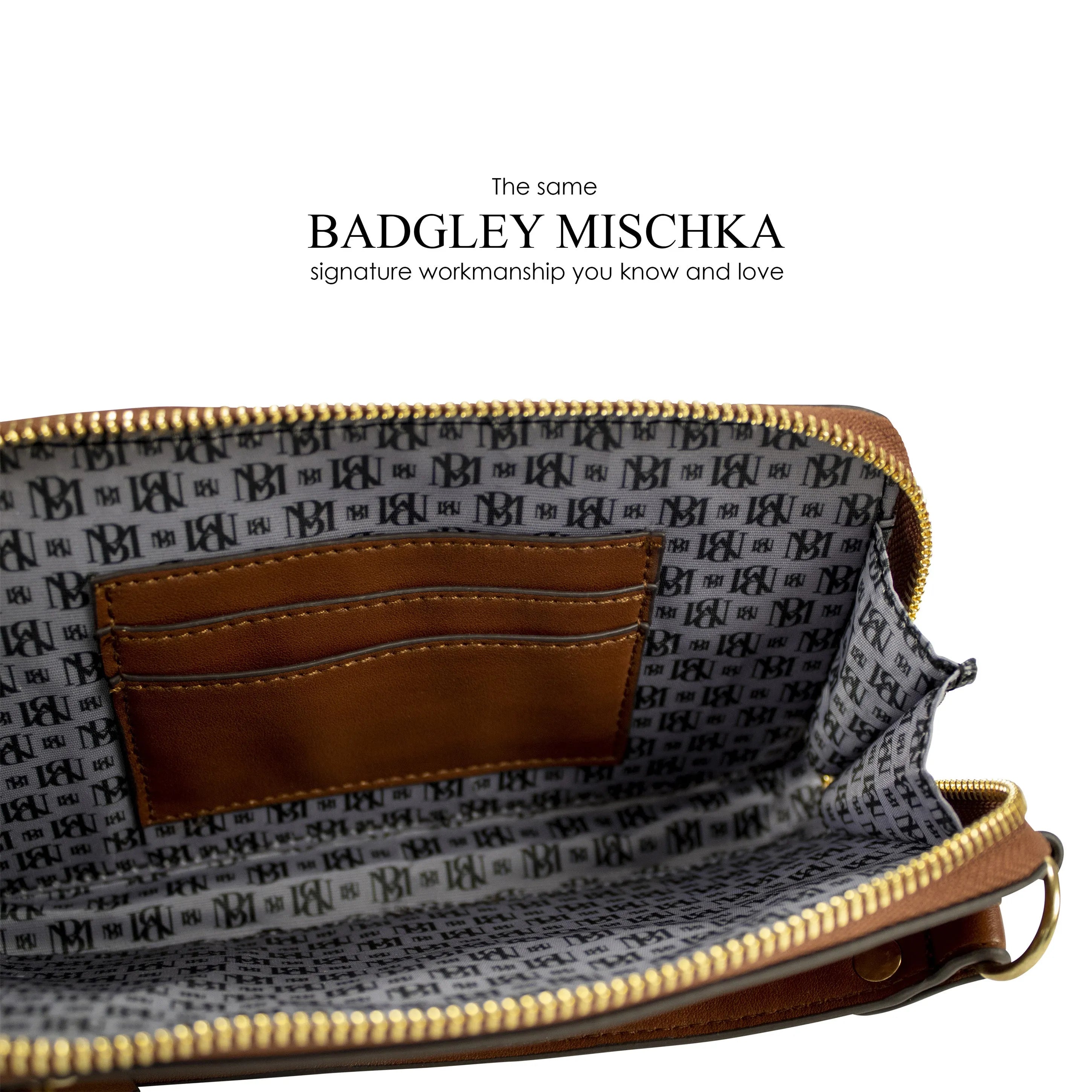 Open wallet with patterned interior and visible brand name on a white background