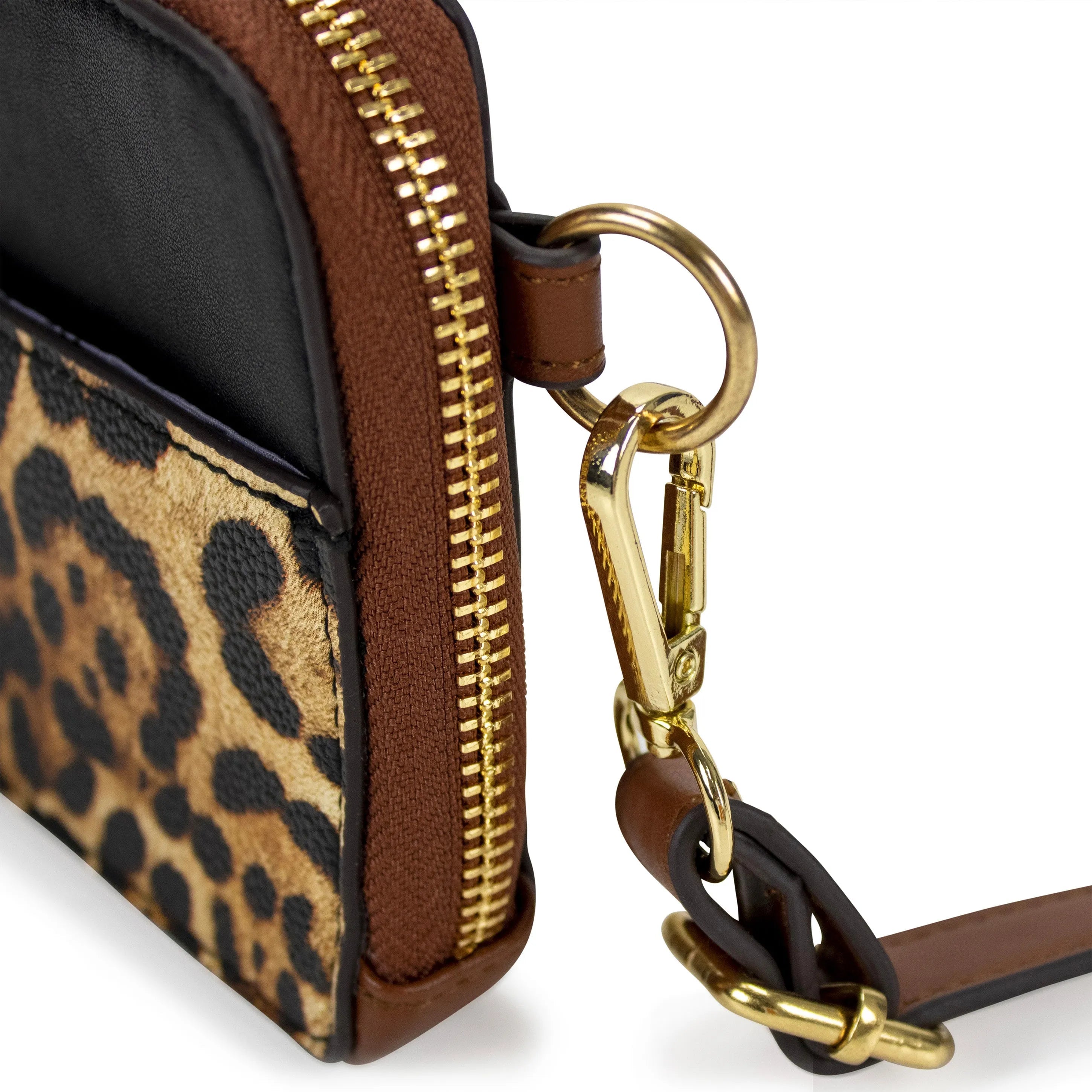 Close-up of a leopard print pouch with gold zipper and black strap on a white background