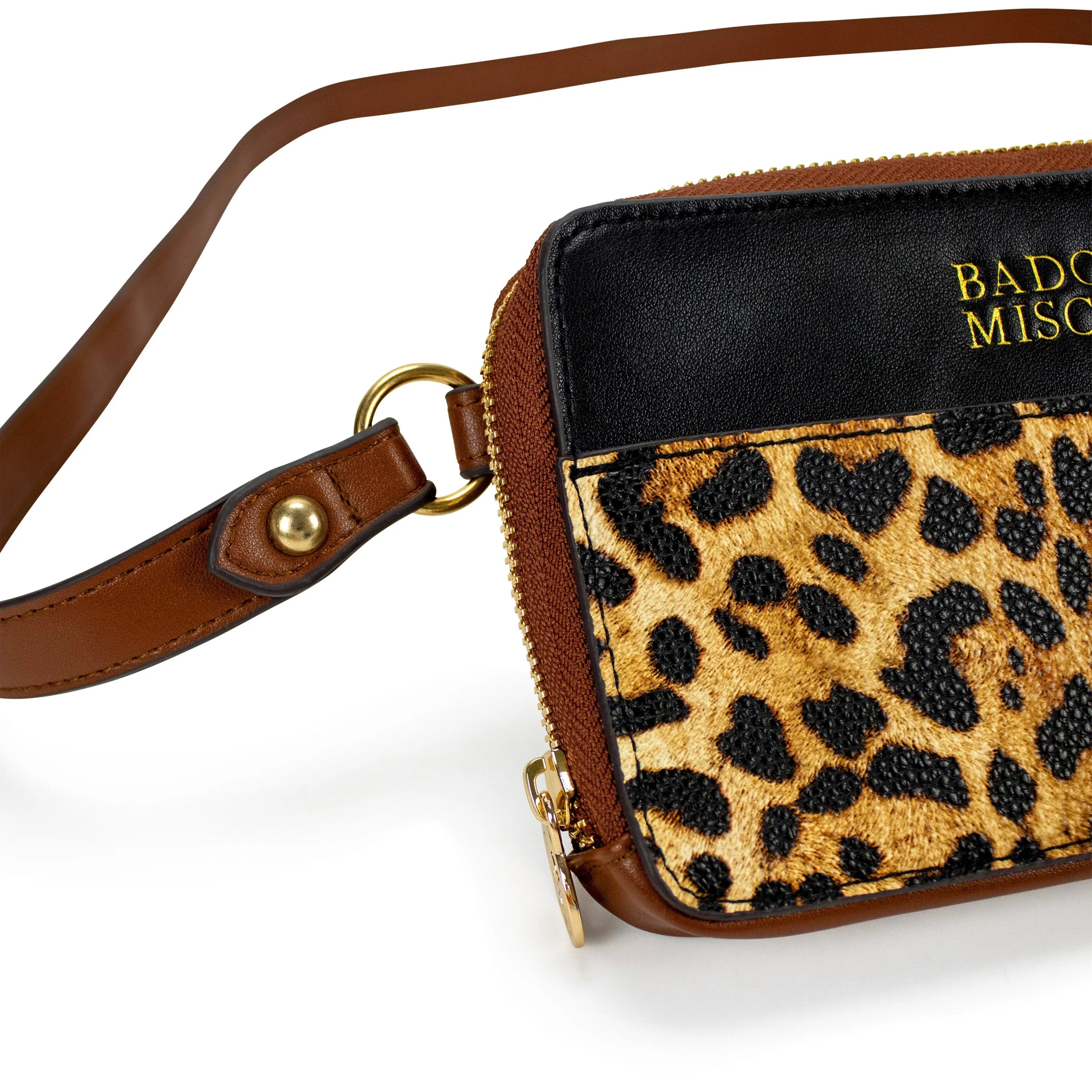 Leopard print wallet with brown strap on a white background