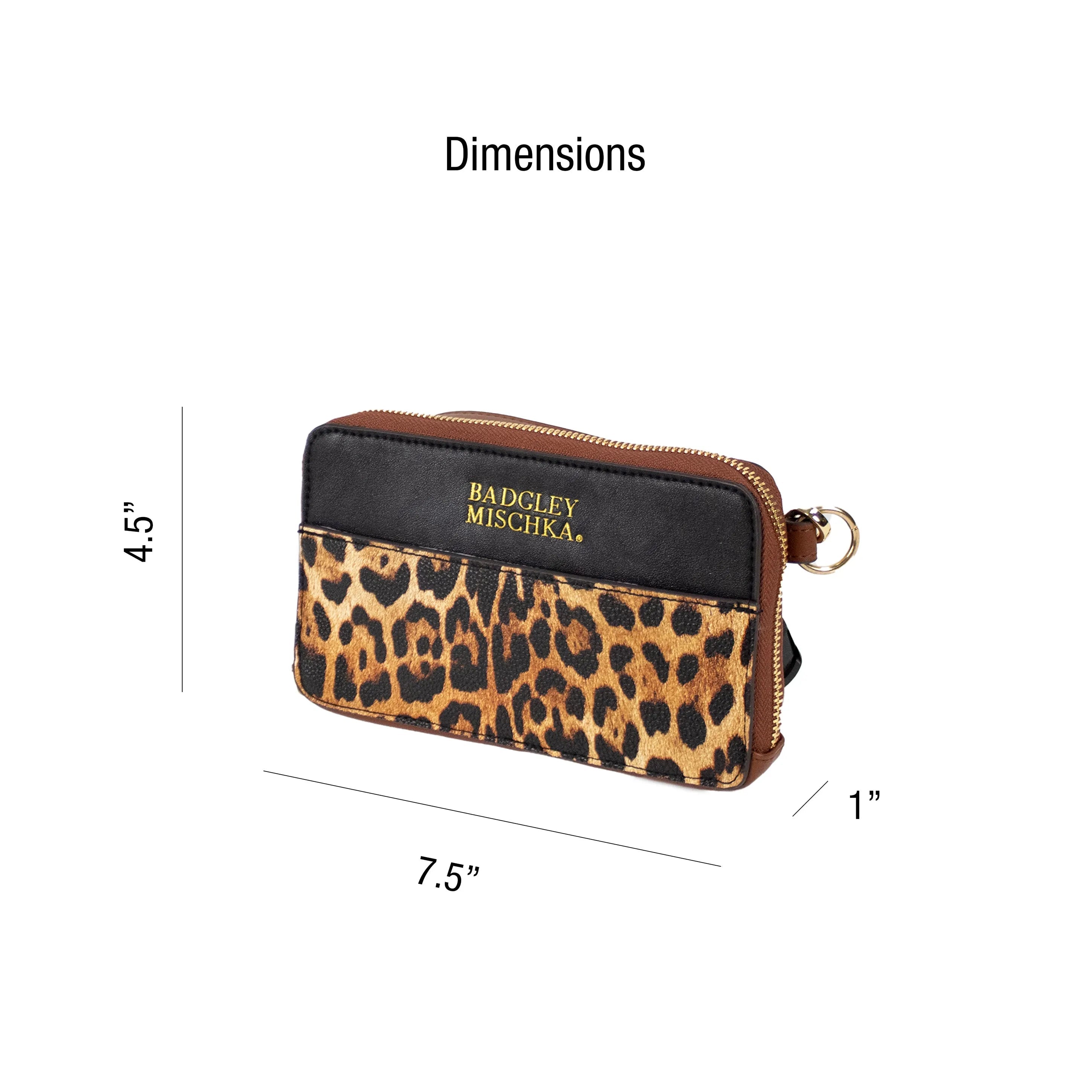 Leopard print wallet with black zipper area and 'Badgley Mischka' branding, shown with dimensions on a white background.