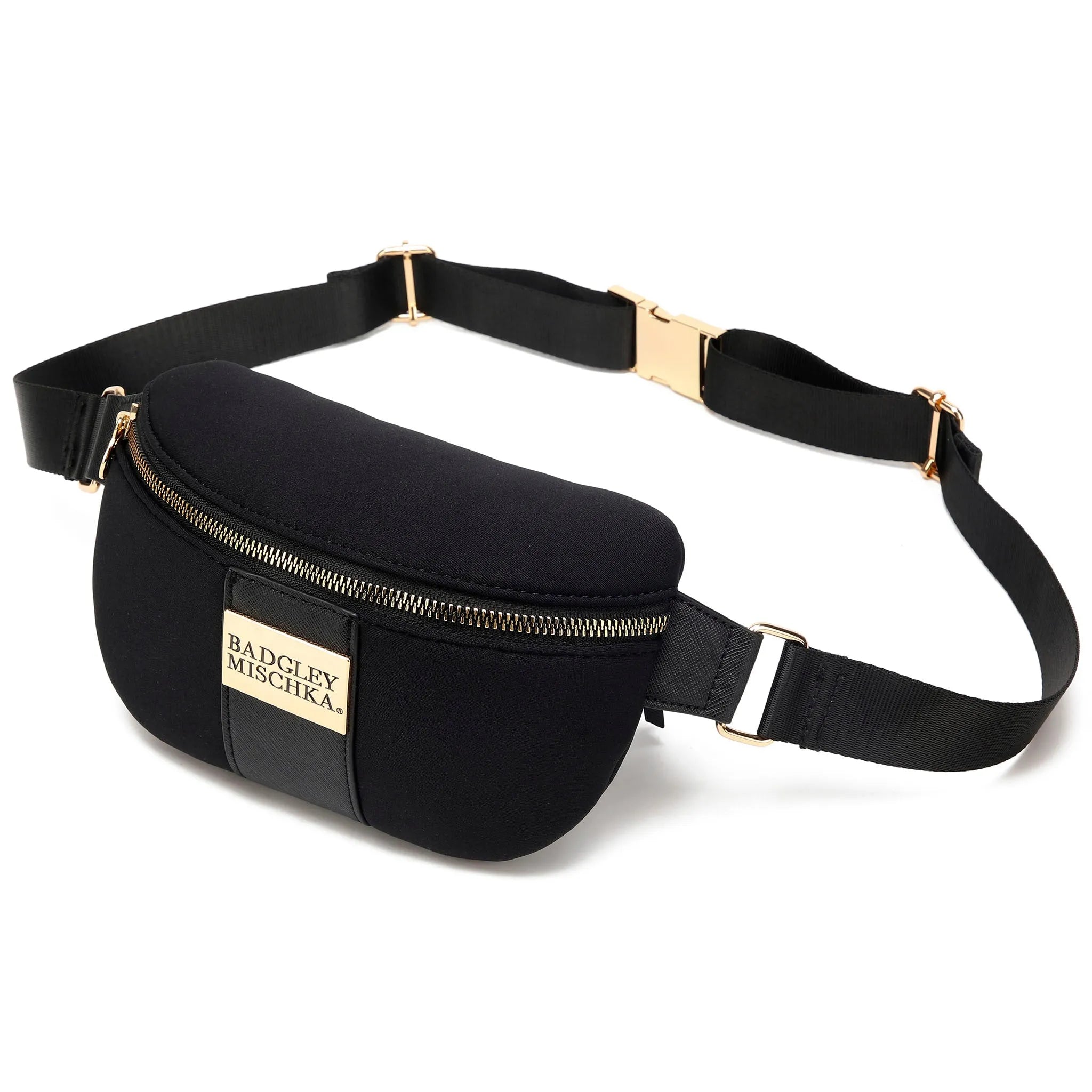 Black waist bag with gold accents on a white background