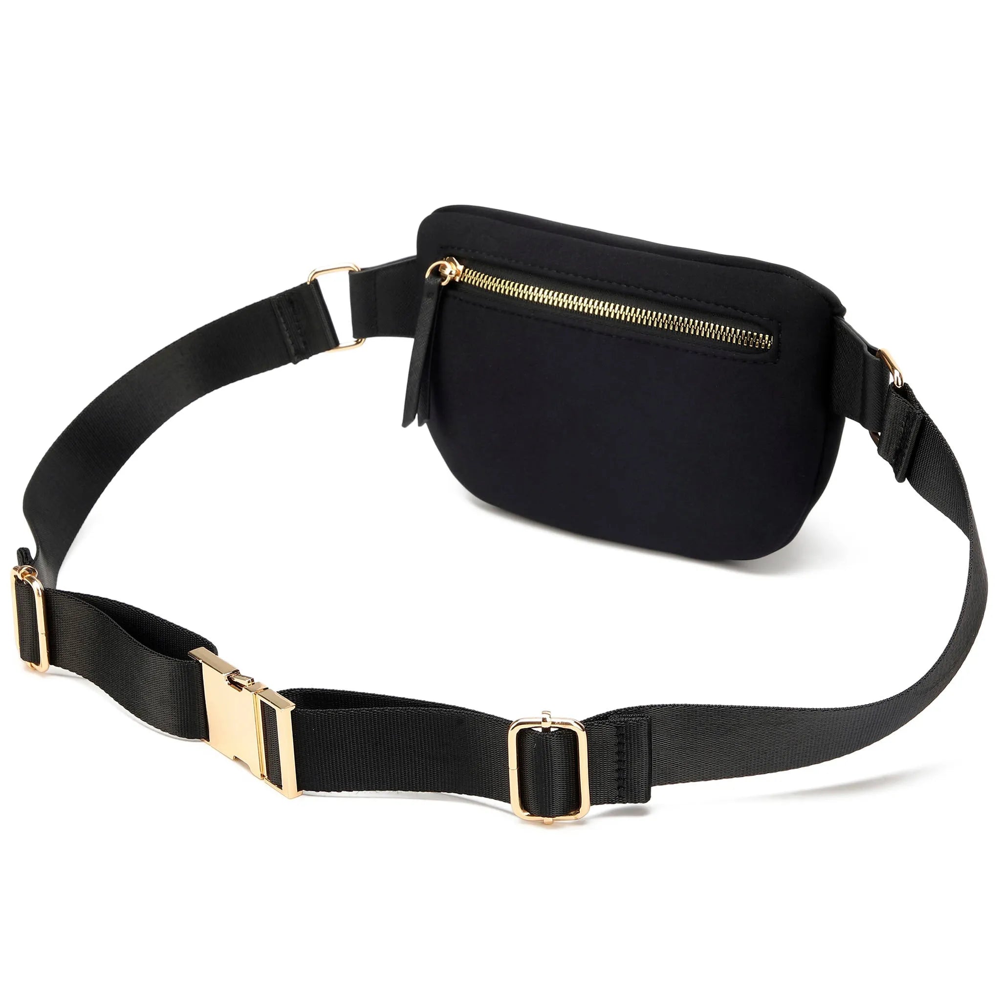 Black waist bag with gold zippers and buckle on a white background