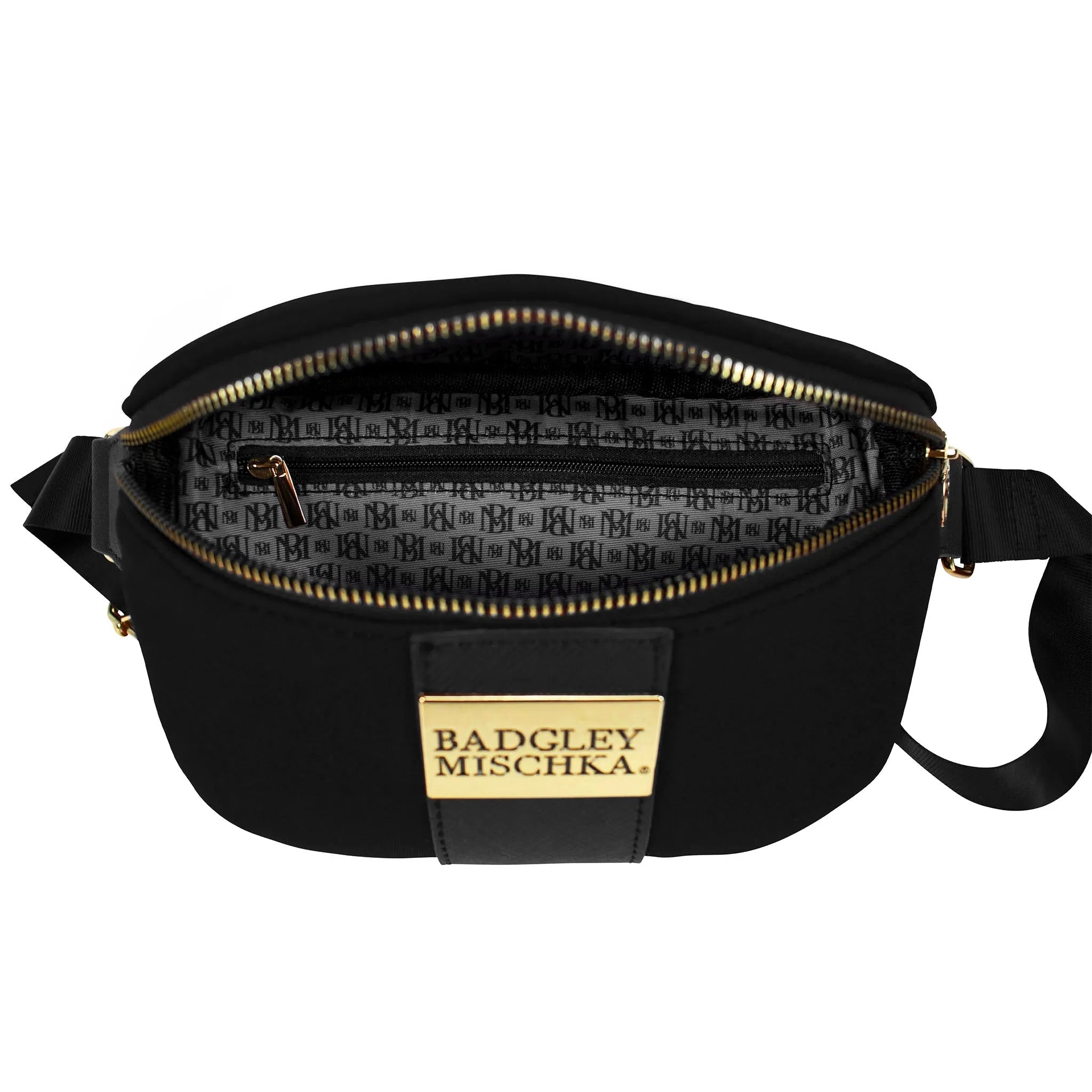 Black waist bag with gold zipper and 'Badgley Mischka' label on a white background