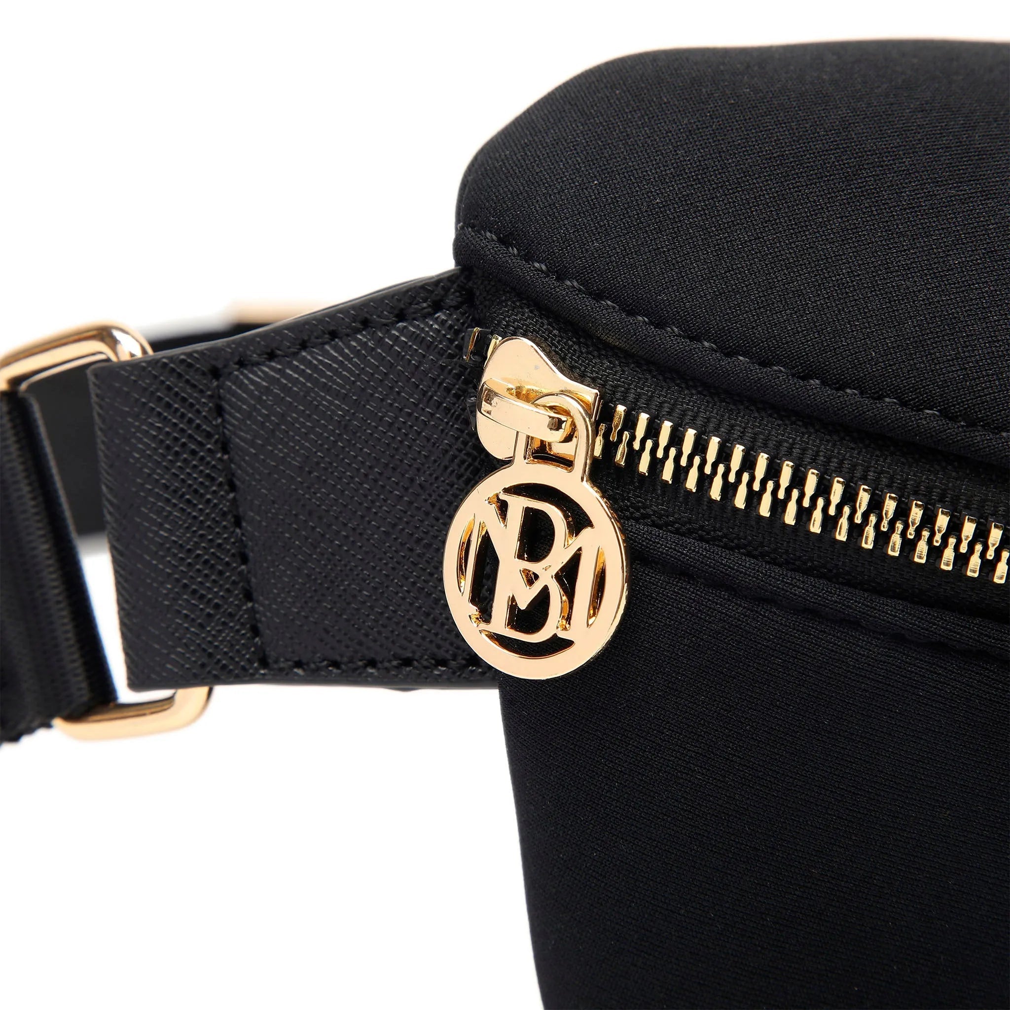 Black waist bag with gold zipper and logo on a white background