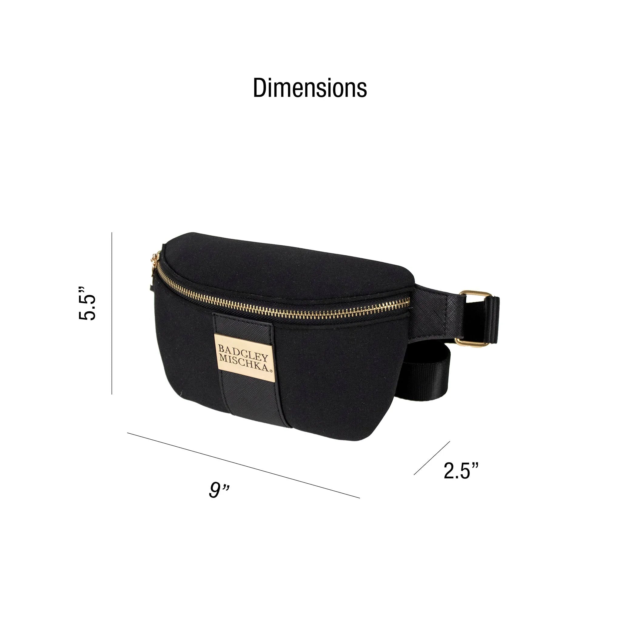 Black waist bag with gold zipper and 'Badgley Mischka' logo, shown with dimensions on a white background.