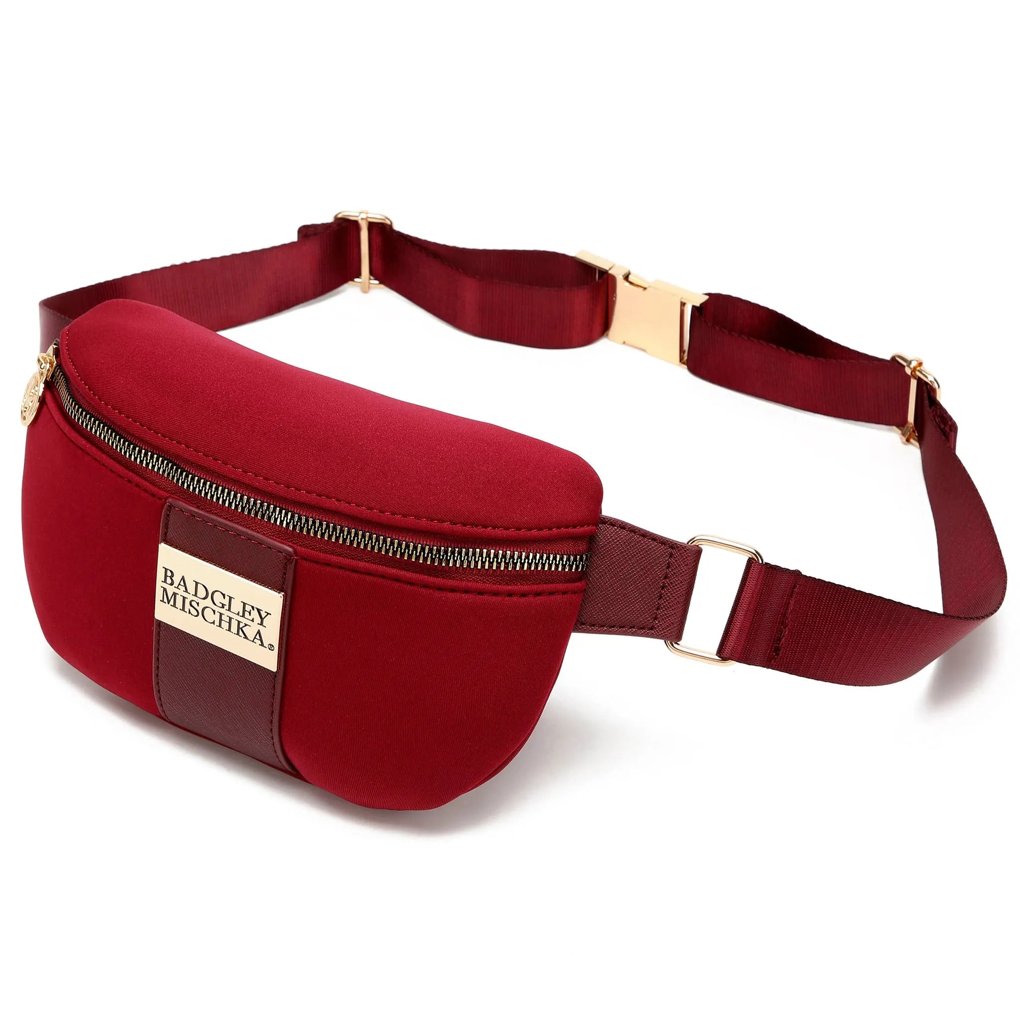 Red waist bag with gold accents on a white background