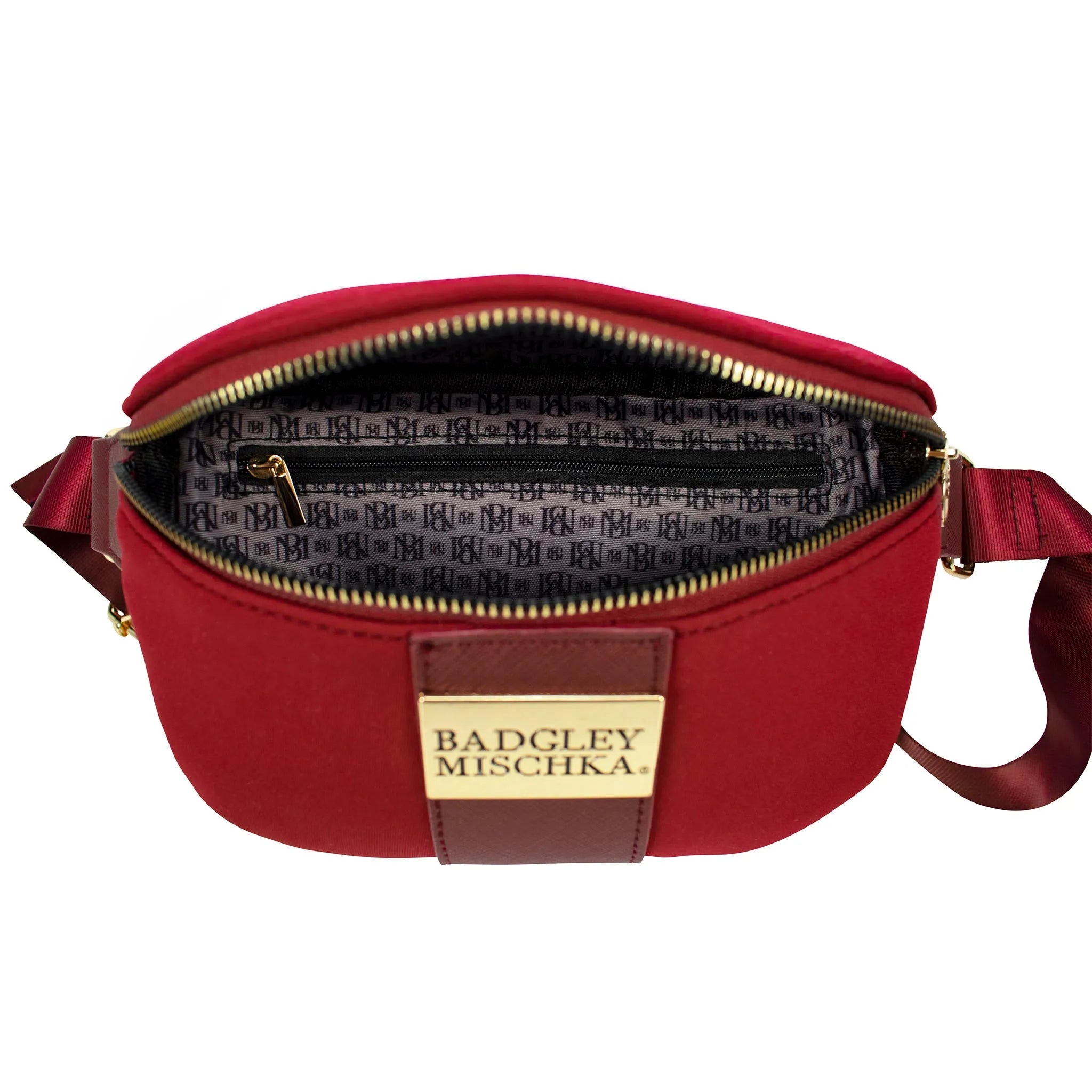 Red bag with gold zipper and 'Badgley Mischka' logo on a white background