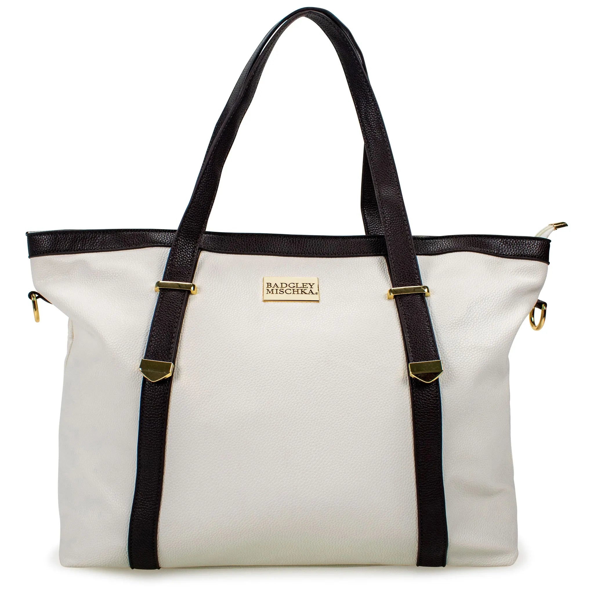A black vegan leather weekender duffel bag with brown straps and gold logo plate, featuring a pebbled texture and zip closure.