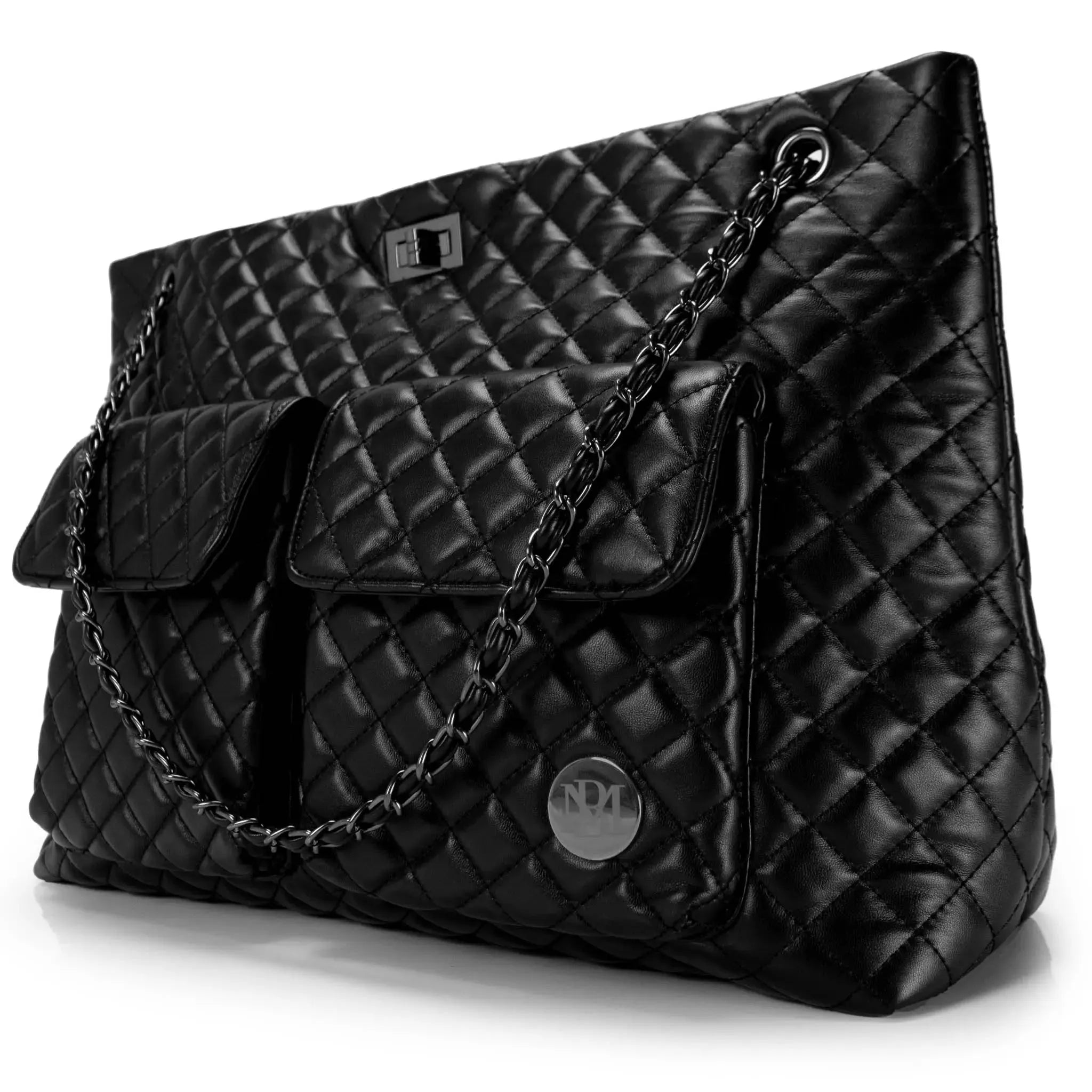 Black quilted handbag with a chain detail on a white background