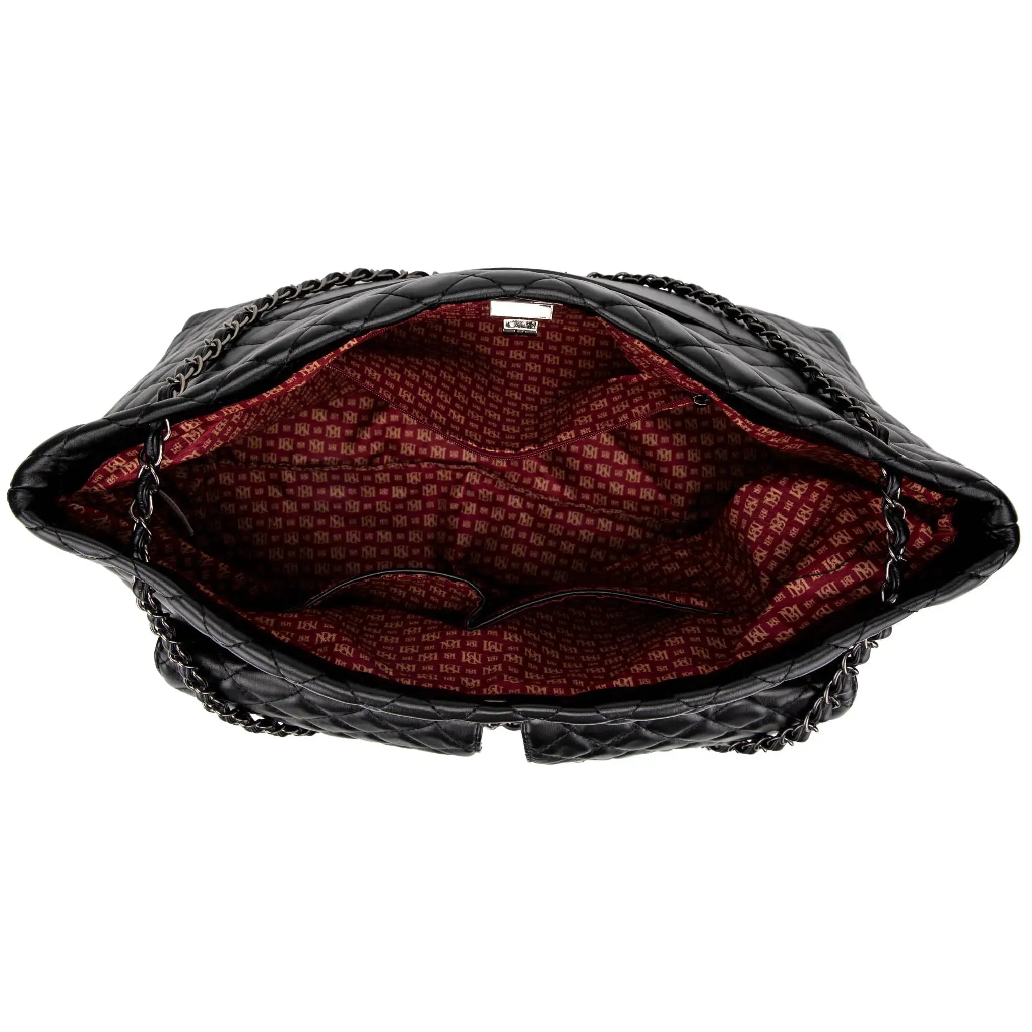 Black handbag with red interior on a white background