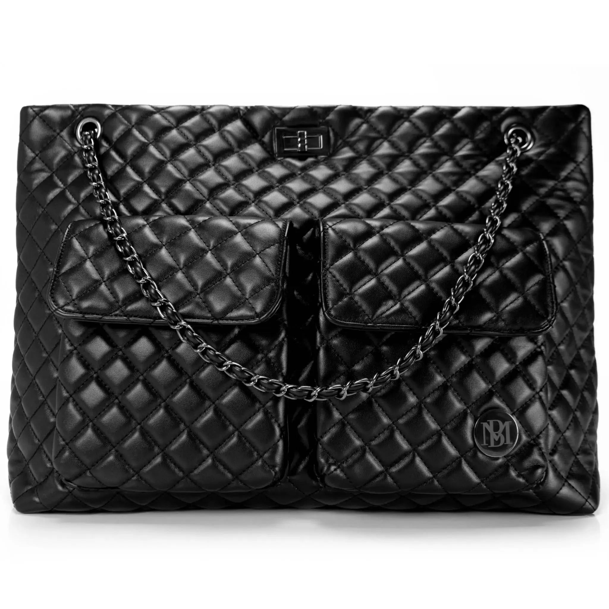 Black quilted handbag with chain detail on a white background