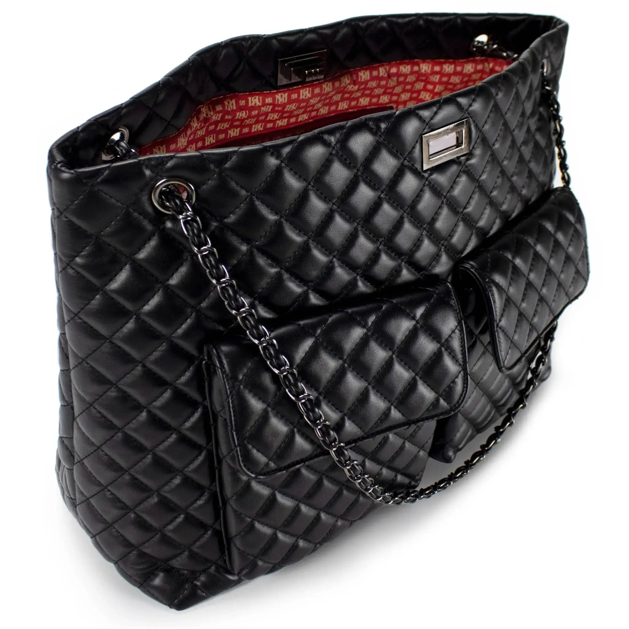Black quilted handbag with chain detail on a white background