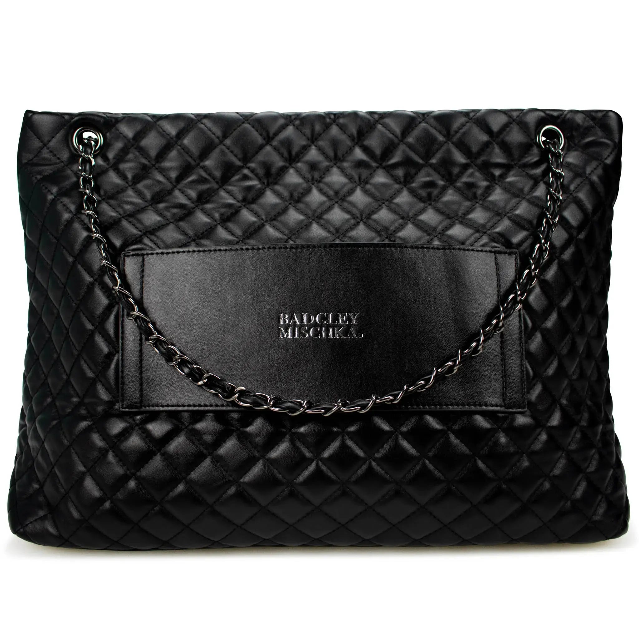 Black quilted handbag with chain detail on a white background