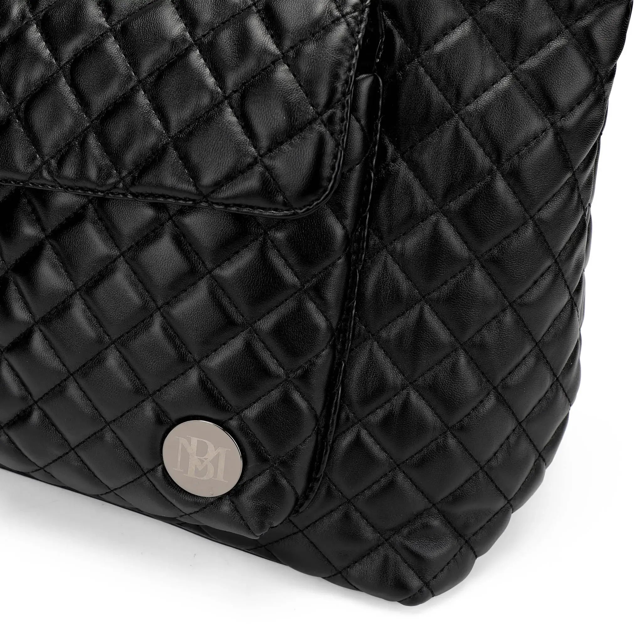 Black quilted handbag with a visible brand logo on a white background