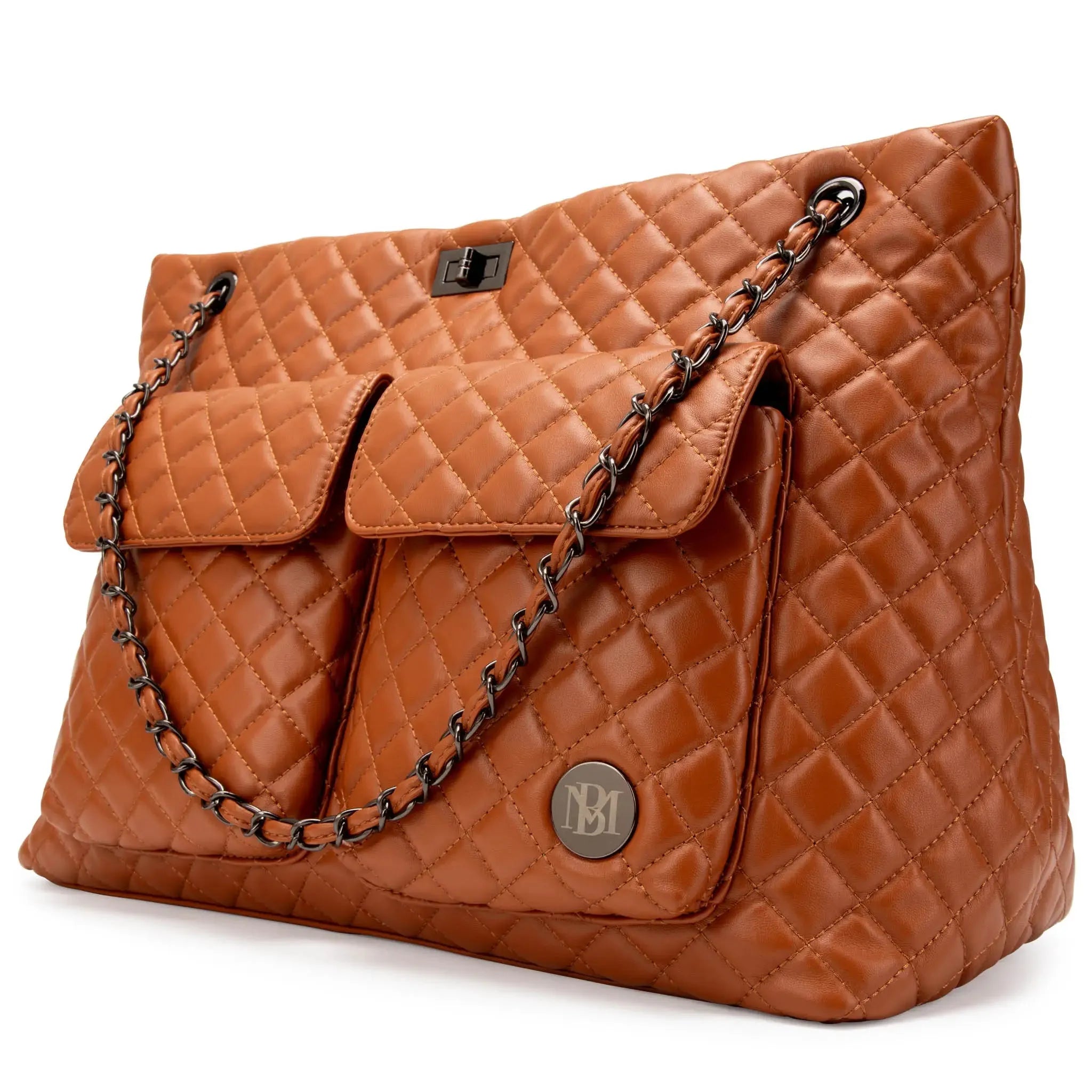 Quilted brown handbag with a chain strap on a white background