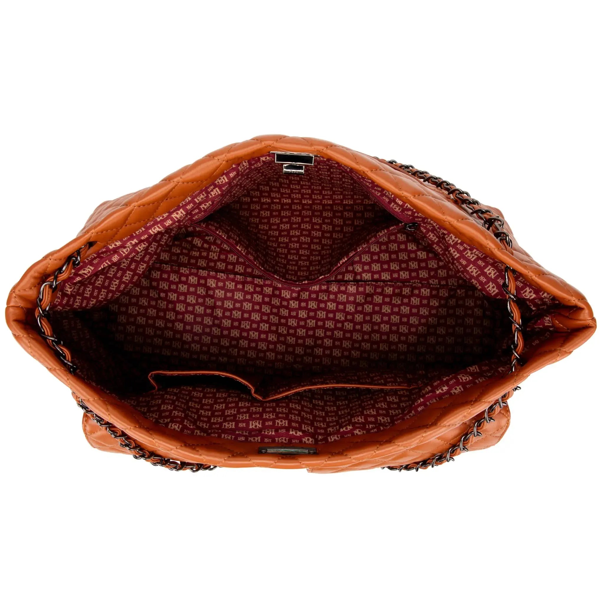 Brown leather handbag with chain detail on a white background
