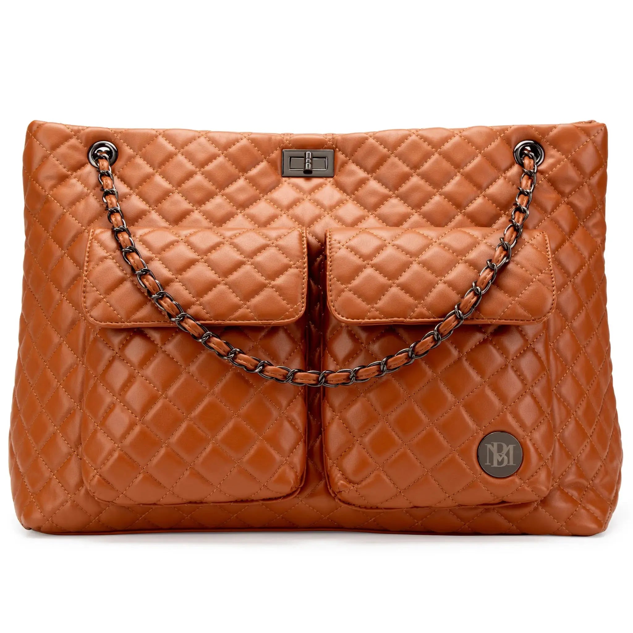 Quilted brown handbag with a chain strap on a white background