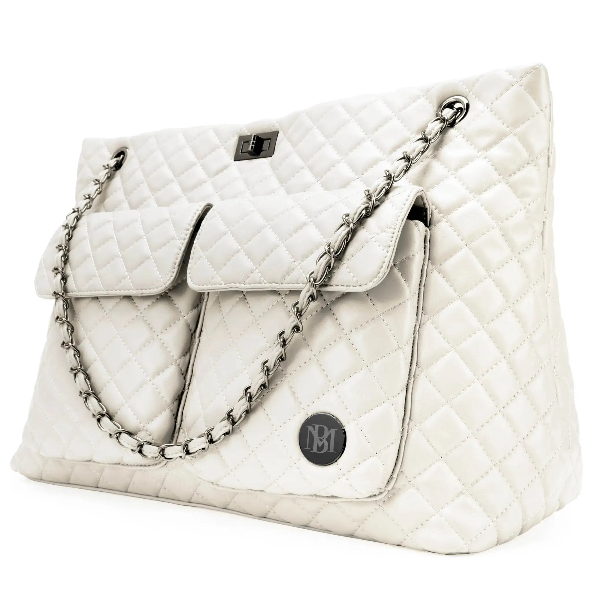 White quilted handbag with a chain strap on a white background