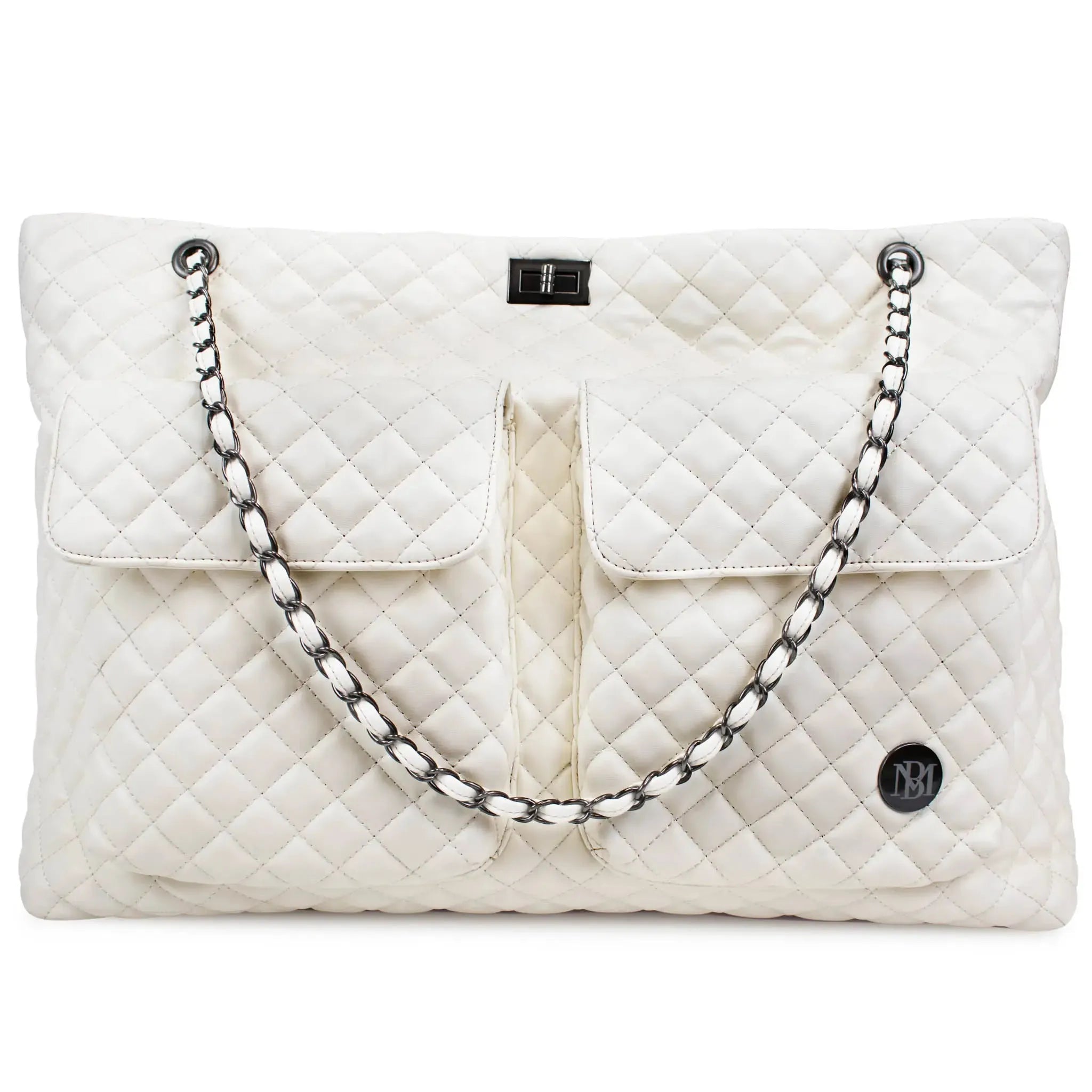 White quilted handbag with a chain strap on a white background
