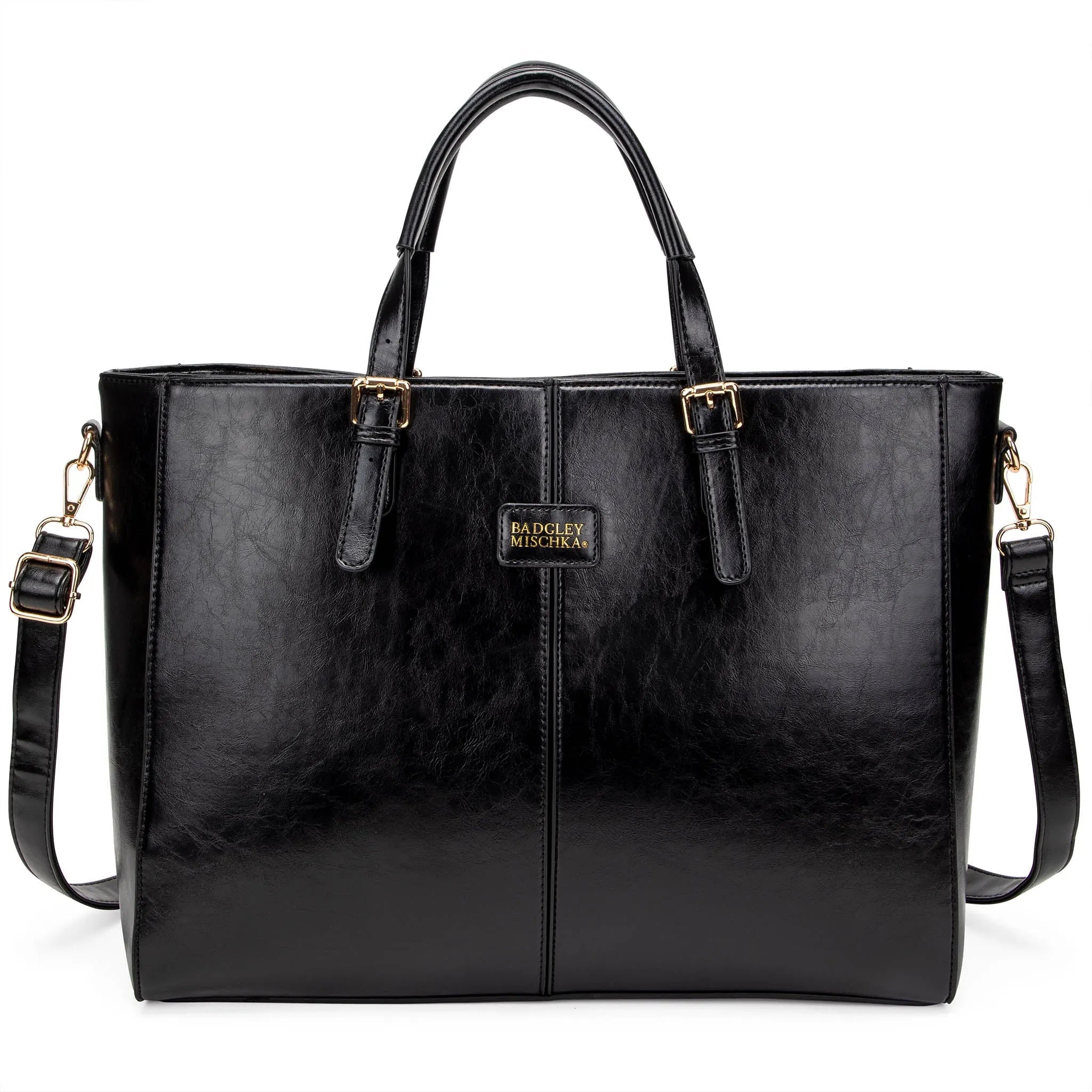Black leather handbag with gold accents on a white background