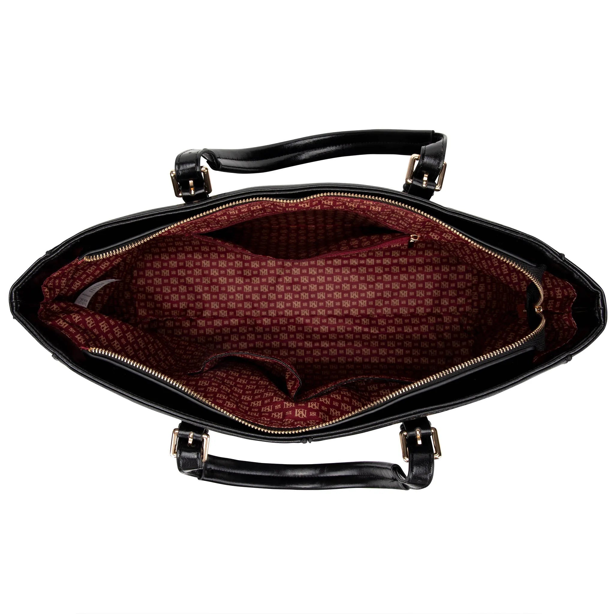 Black handbag with a patterned interior on a white background