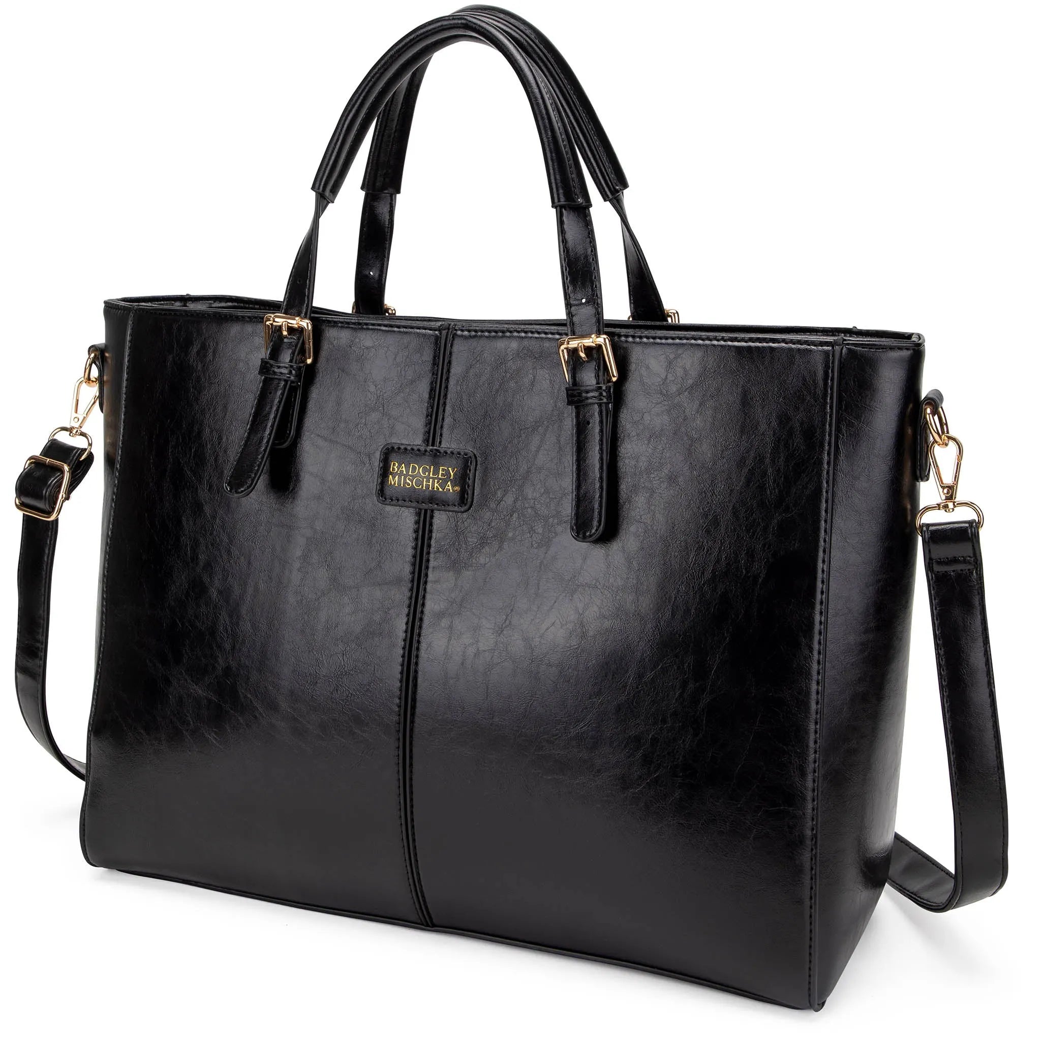 Black leather handbag with gold accents on a white background