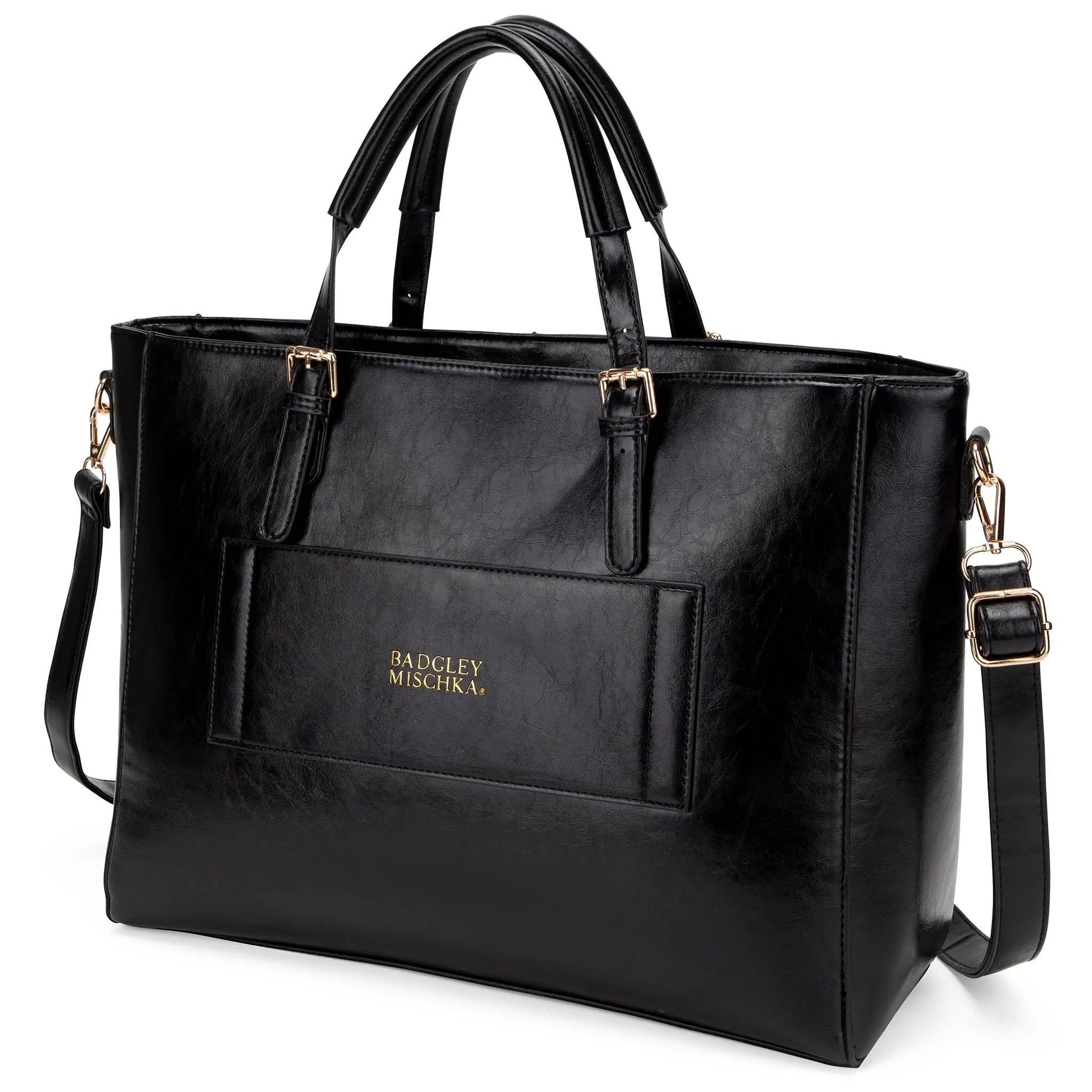 Black handbag with gold logo on a white background