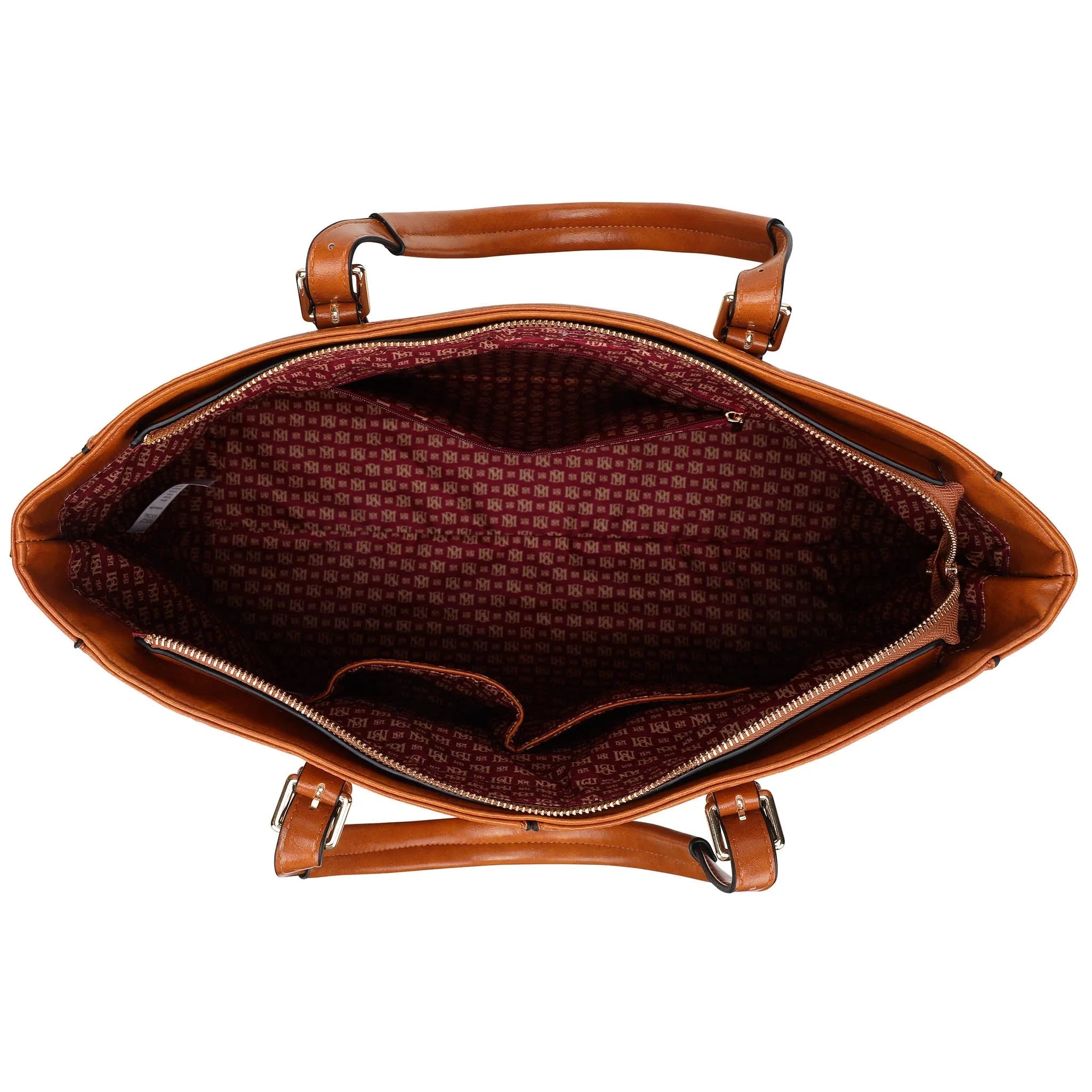 Brown leather handbag with open front showing interior on a white background
