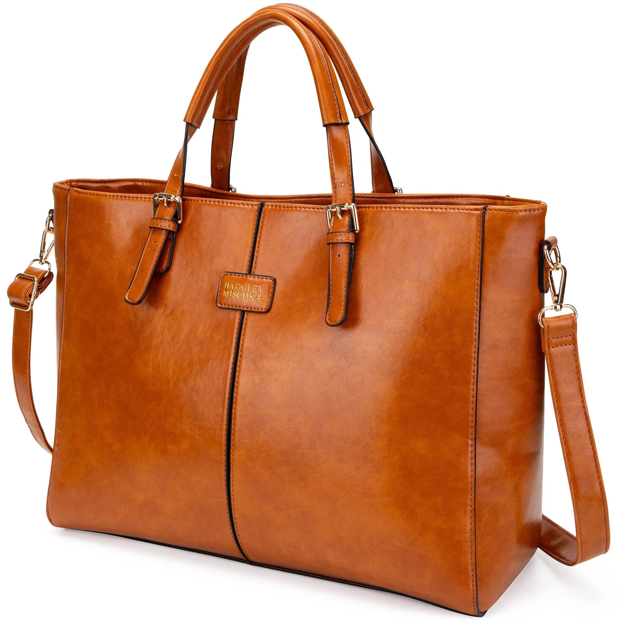 Brown leather tote bag with shoulder strap on a white background