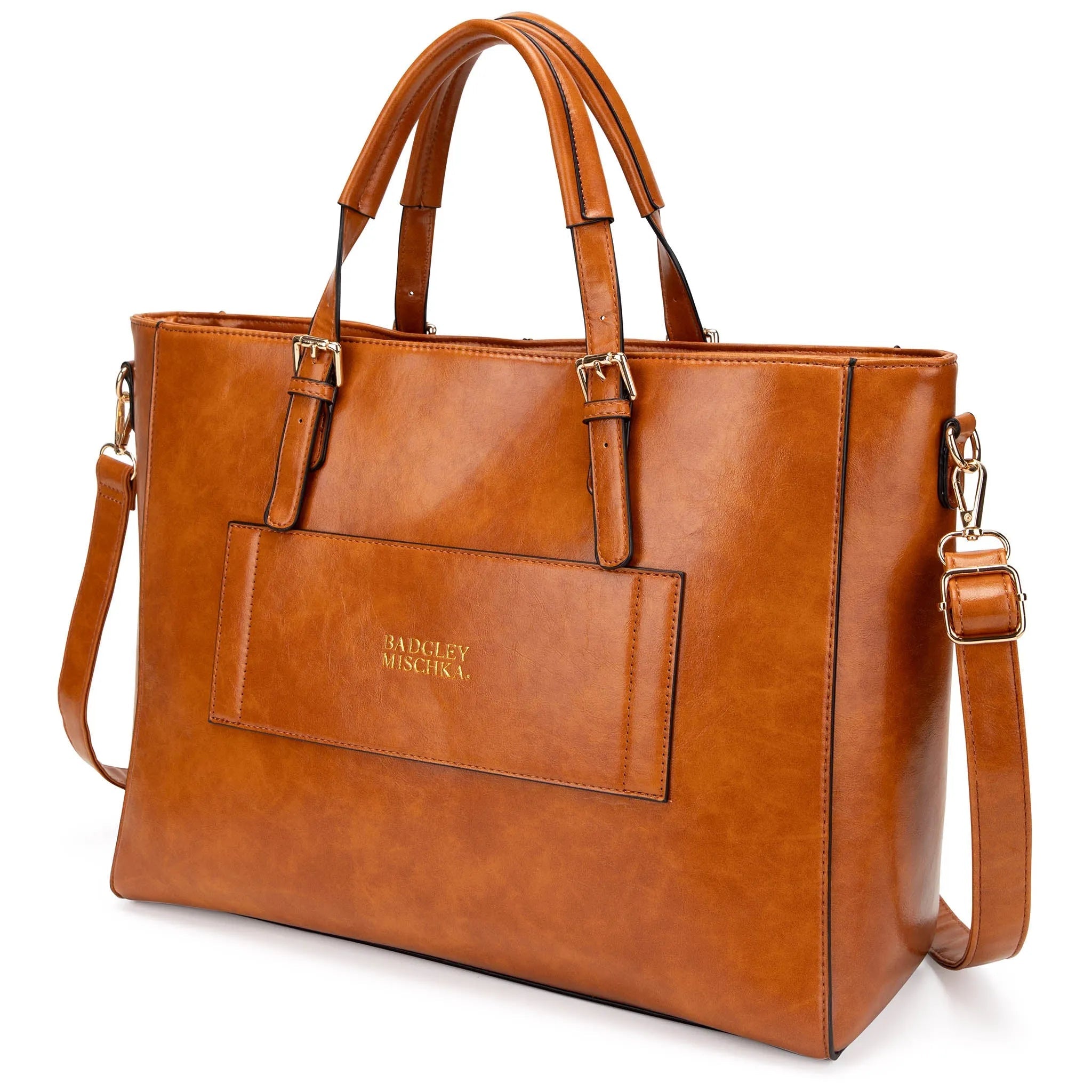 Brown leather handbag with a visible brand logo on a white background