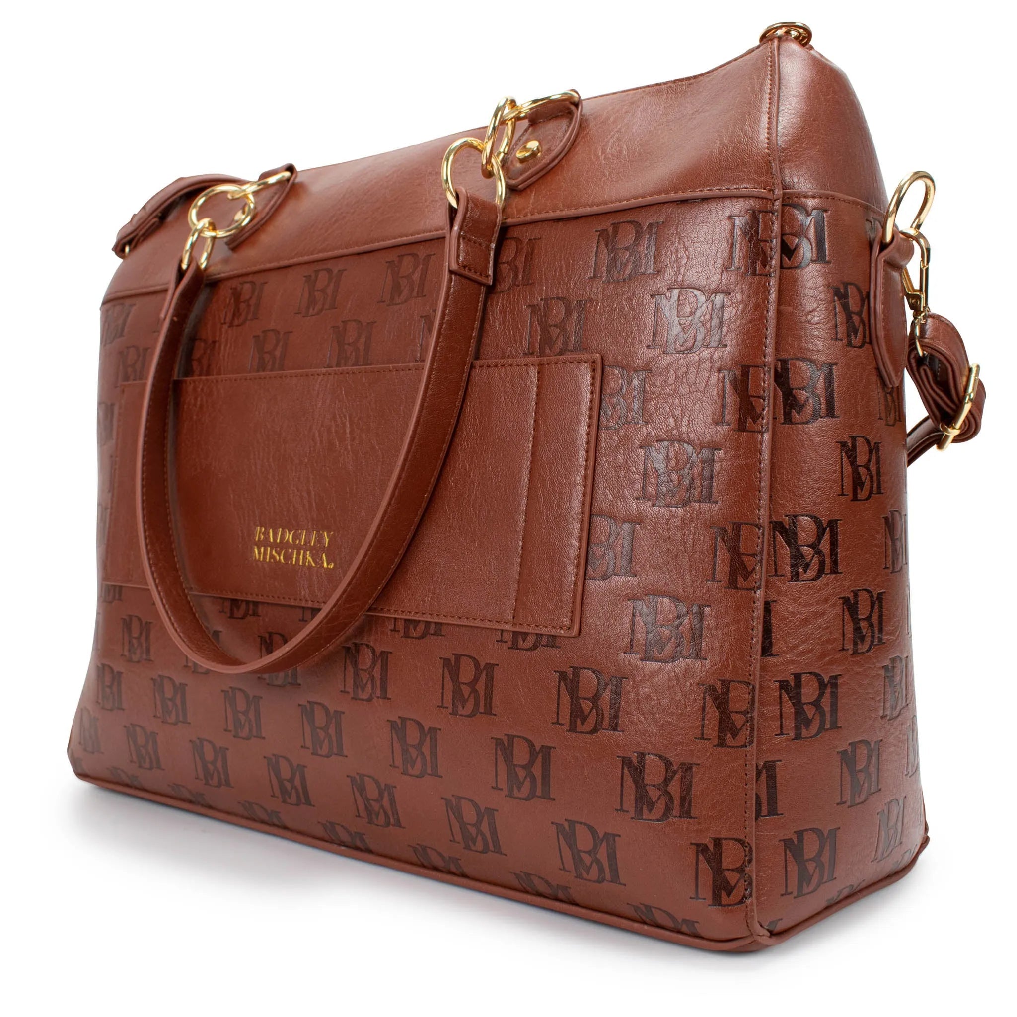 Brown leather handbag with gold accents on a white background