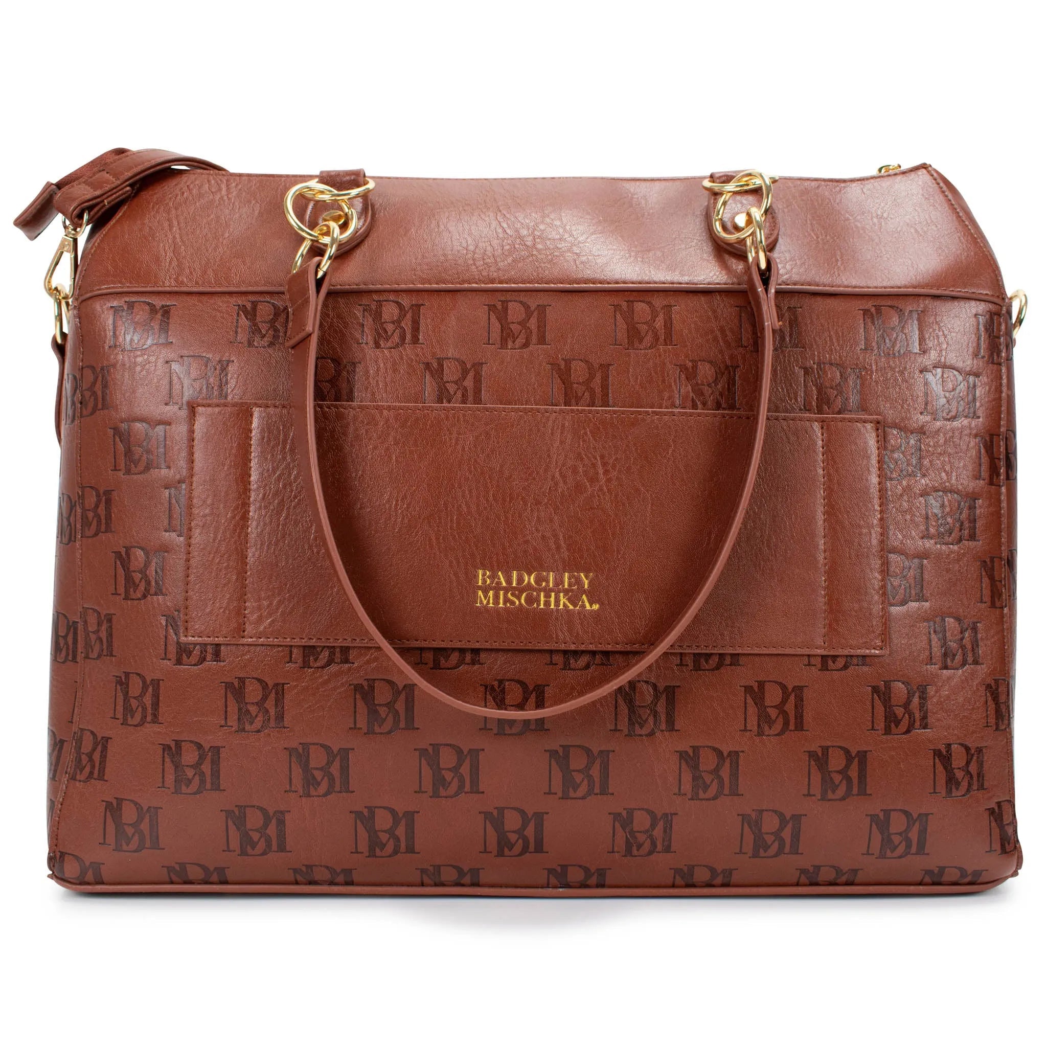Brown leather handbag with gold hardware and 'Badgley Mischka' branding on a white background