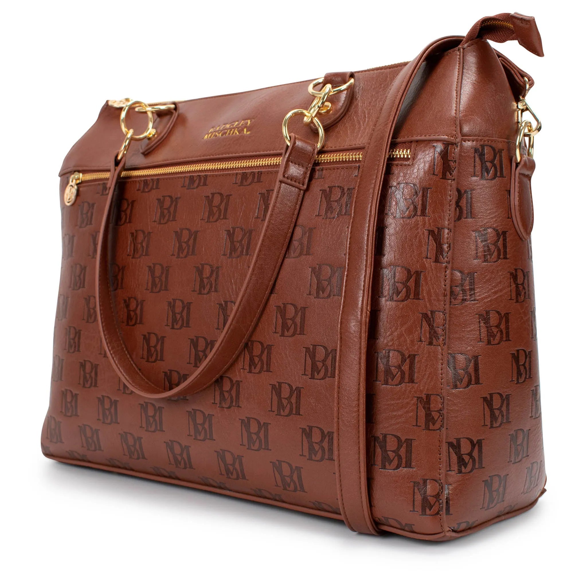 Brown leather bag with gold accents on a white background