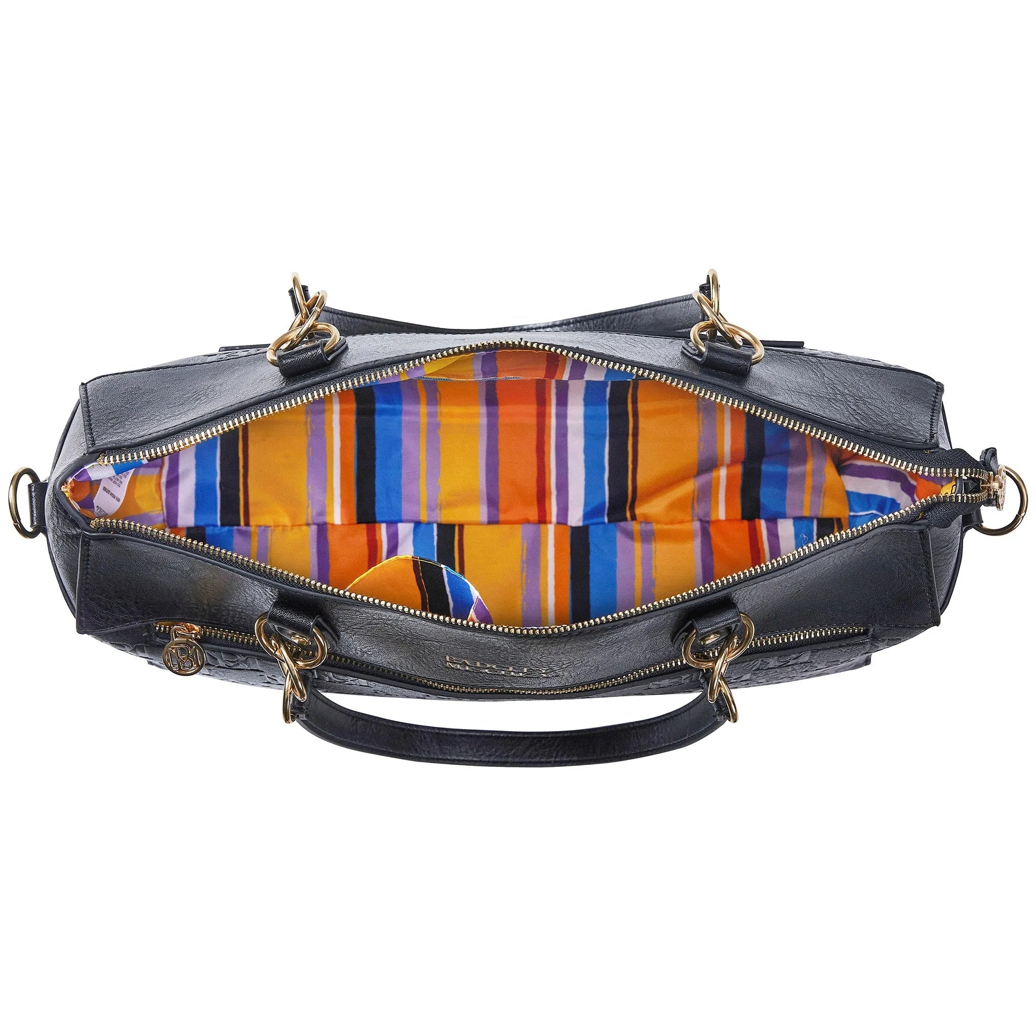 Black handbag with colorful striped interior on a white background