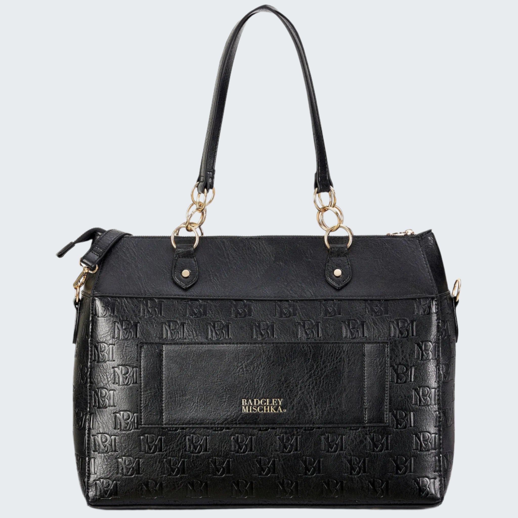 Black handbag with gold accents on a white background