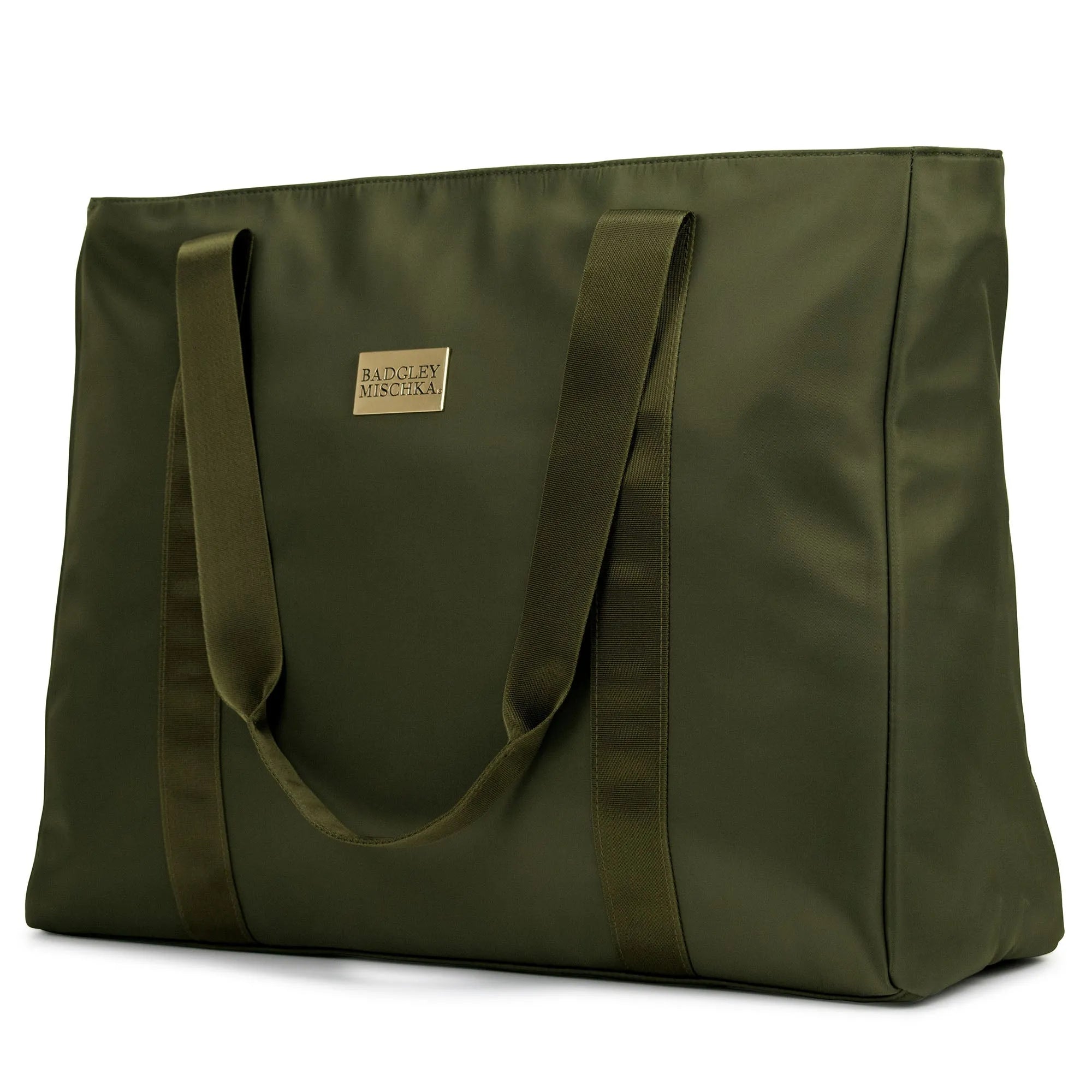 A black nylon tote bag with a shiny gold logo plate, soft webbing straps, and a zippered rear pocket. The bag is displayed in a way that showcases its spacious design and sleek finish.