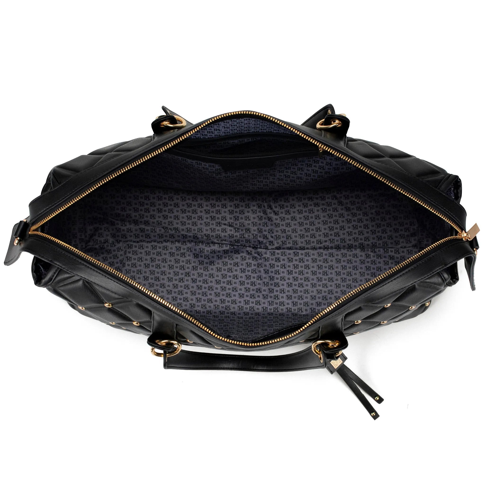 Black leather bag with gold zipper on a white background