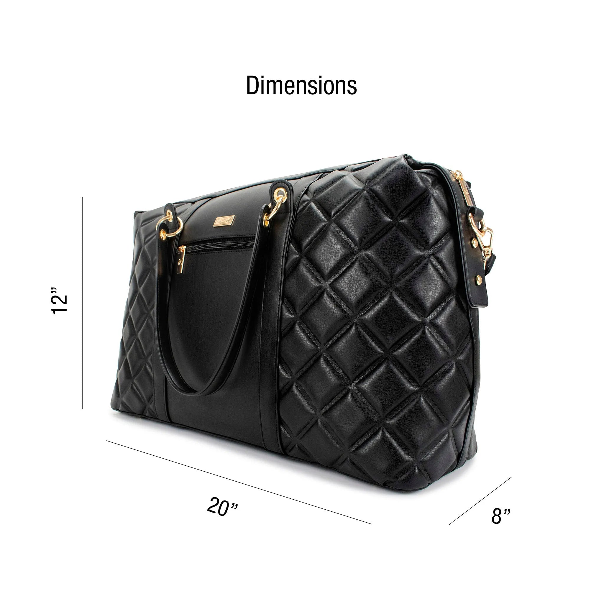 Black quilted handbag with gold accents and dimensions on a white background