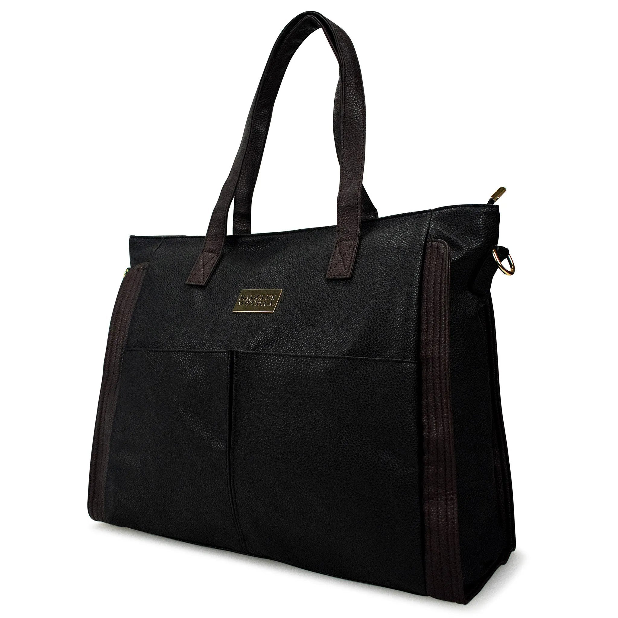 Black tote bag with a visible brand logo on a white background