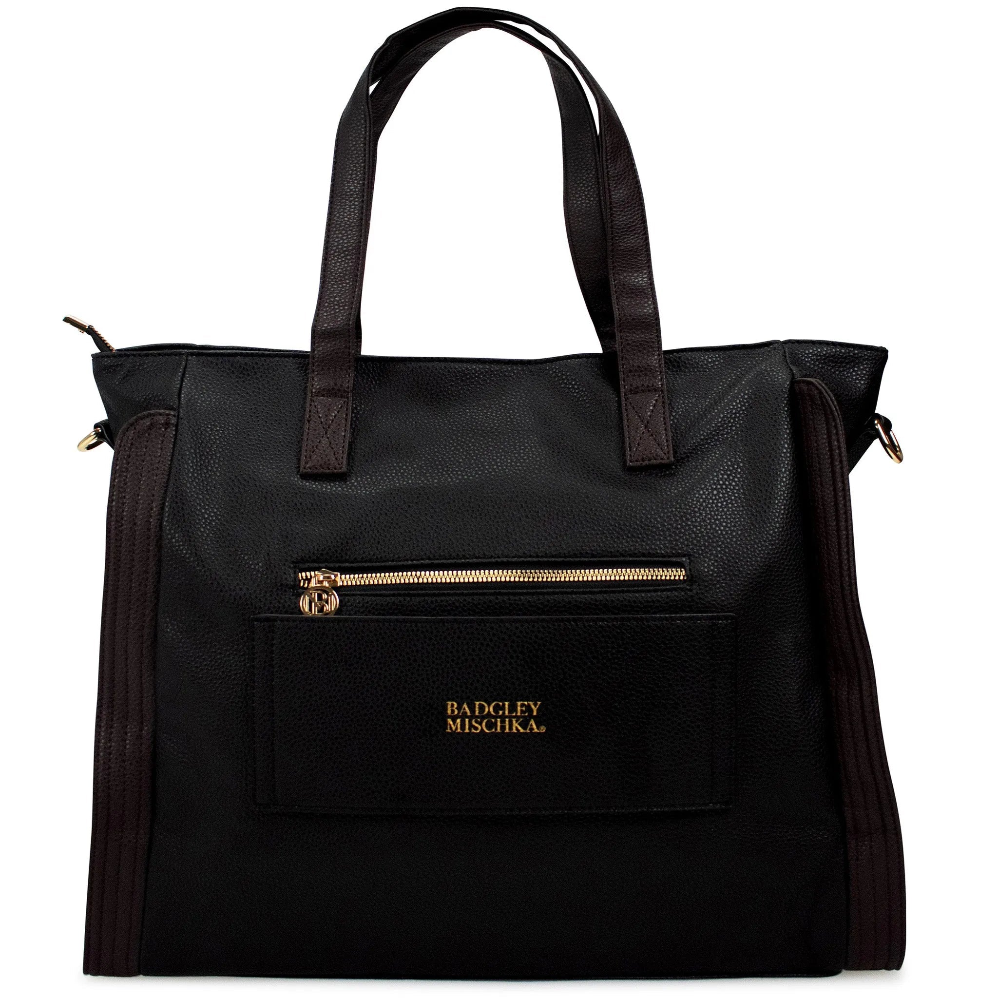 Black handbag with gold zipper and 'Badgley Mischka' branding on a white background
