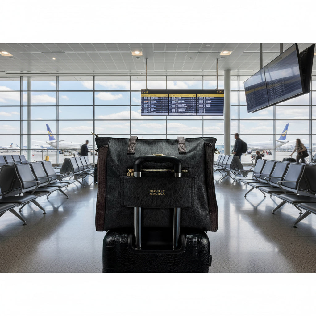 Black leather briefcase with gold accents on a white background