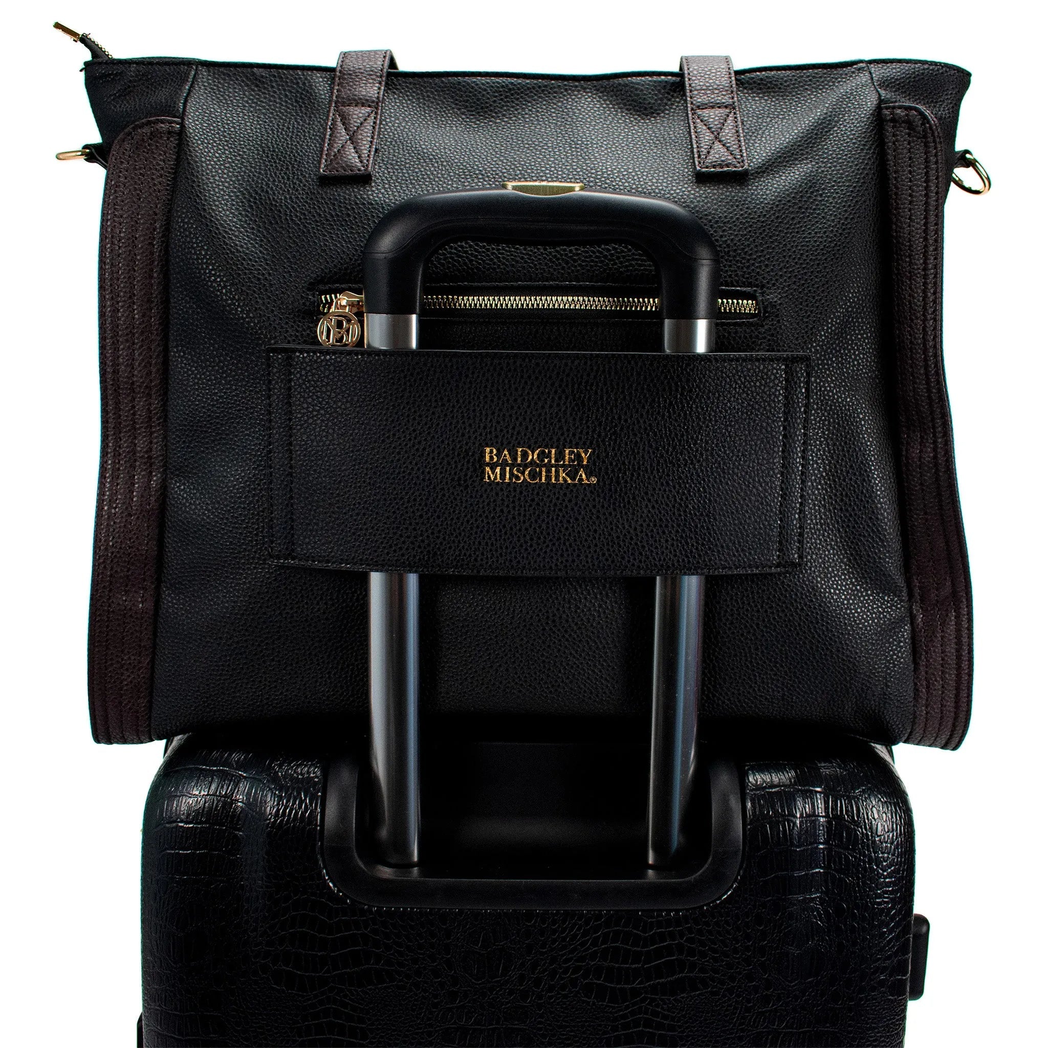 Black leather briefcase with gold accents on a white background