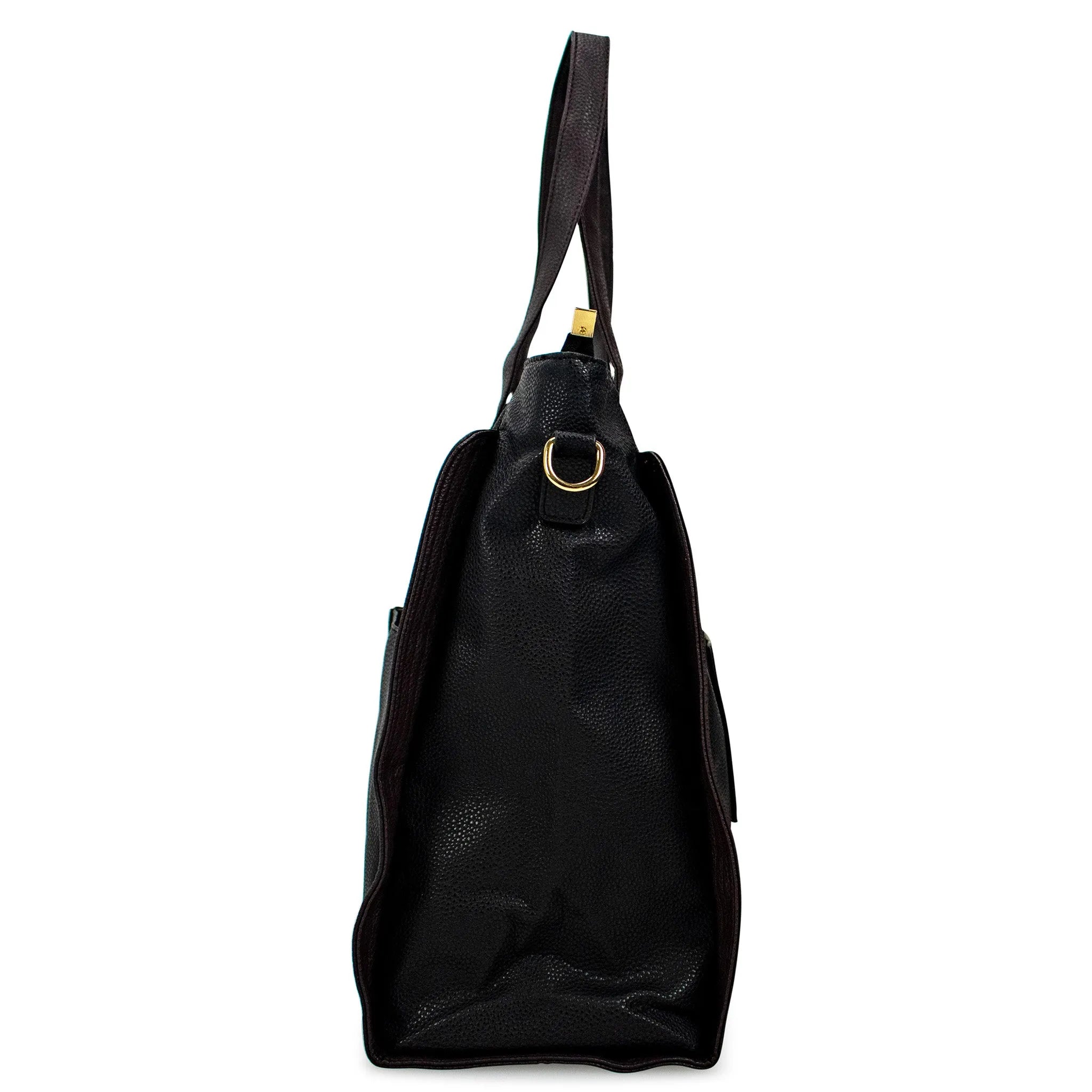 Black leather handbag with a strap on a white background