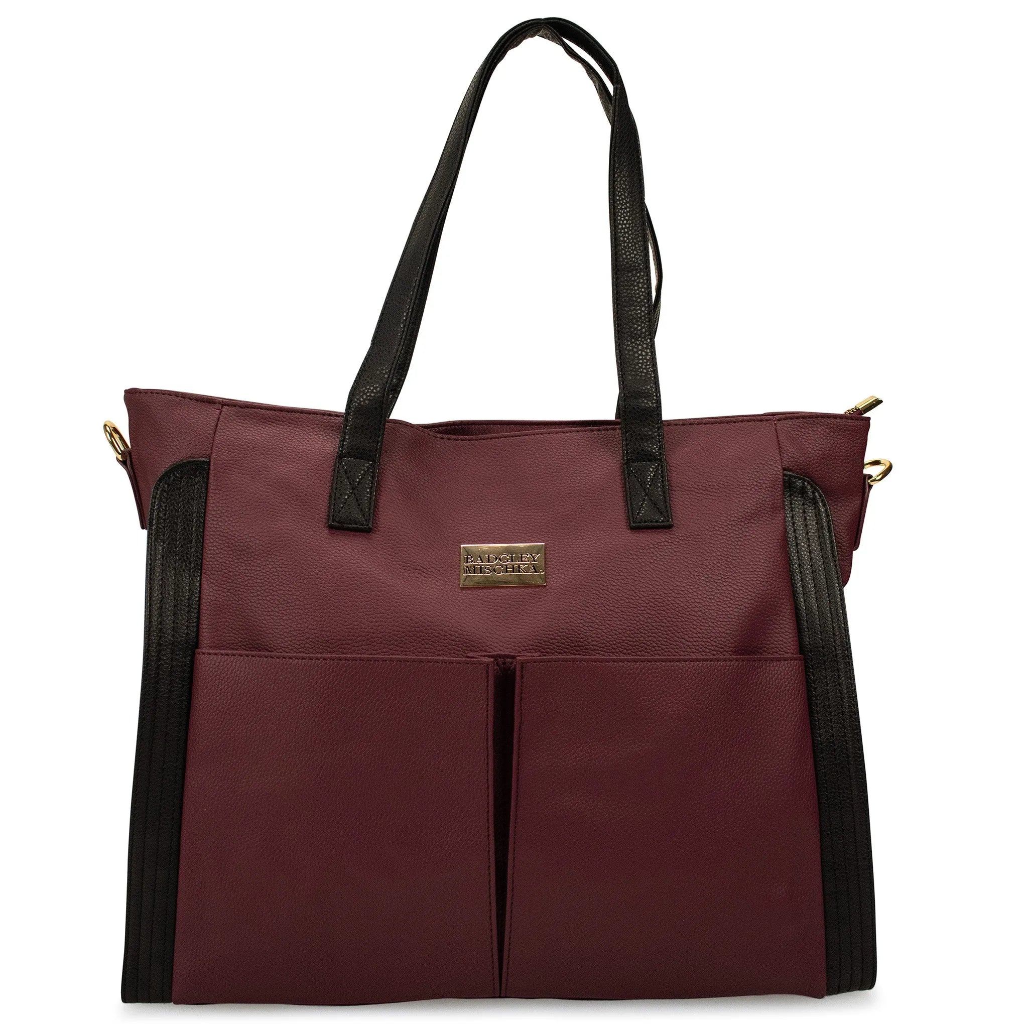 Maroon tote bag with black accents on a white background