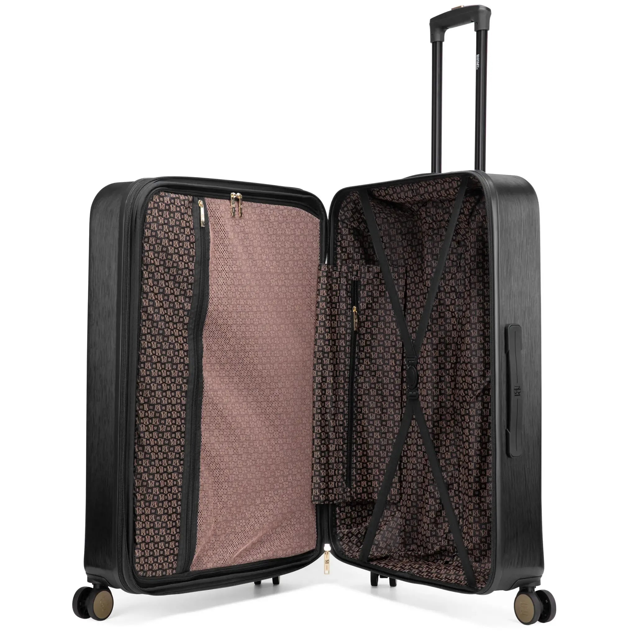 Black suitcase with open compartment showing interior pattern on a white background