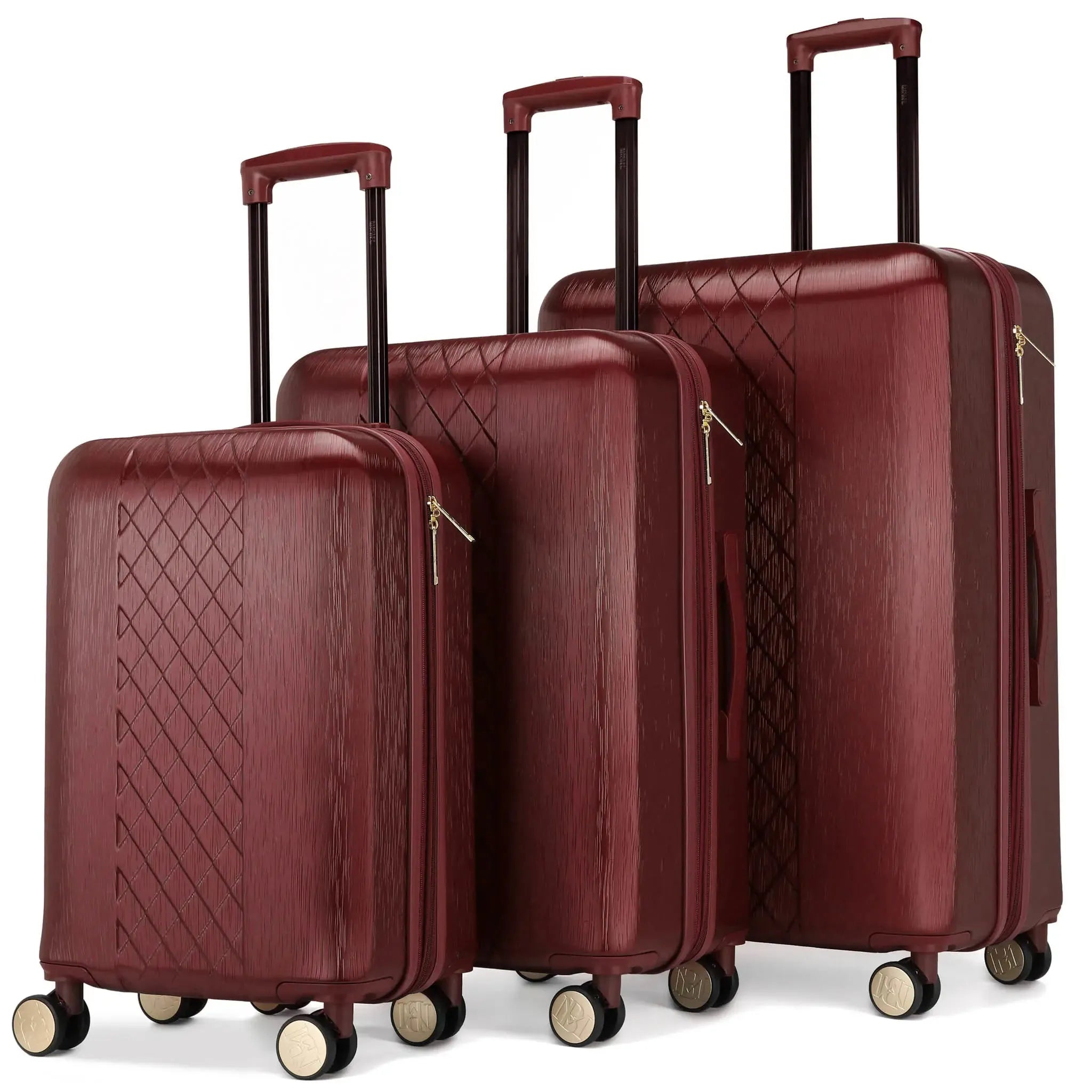 Set of three maroon suitcases with diamond pattern on a white background