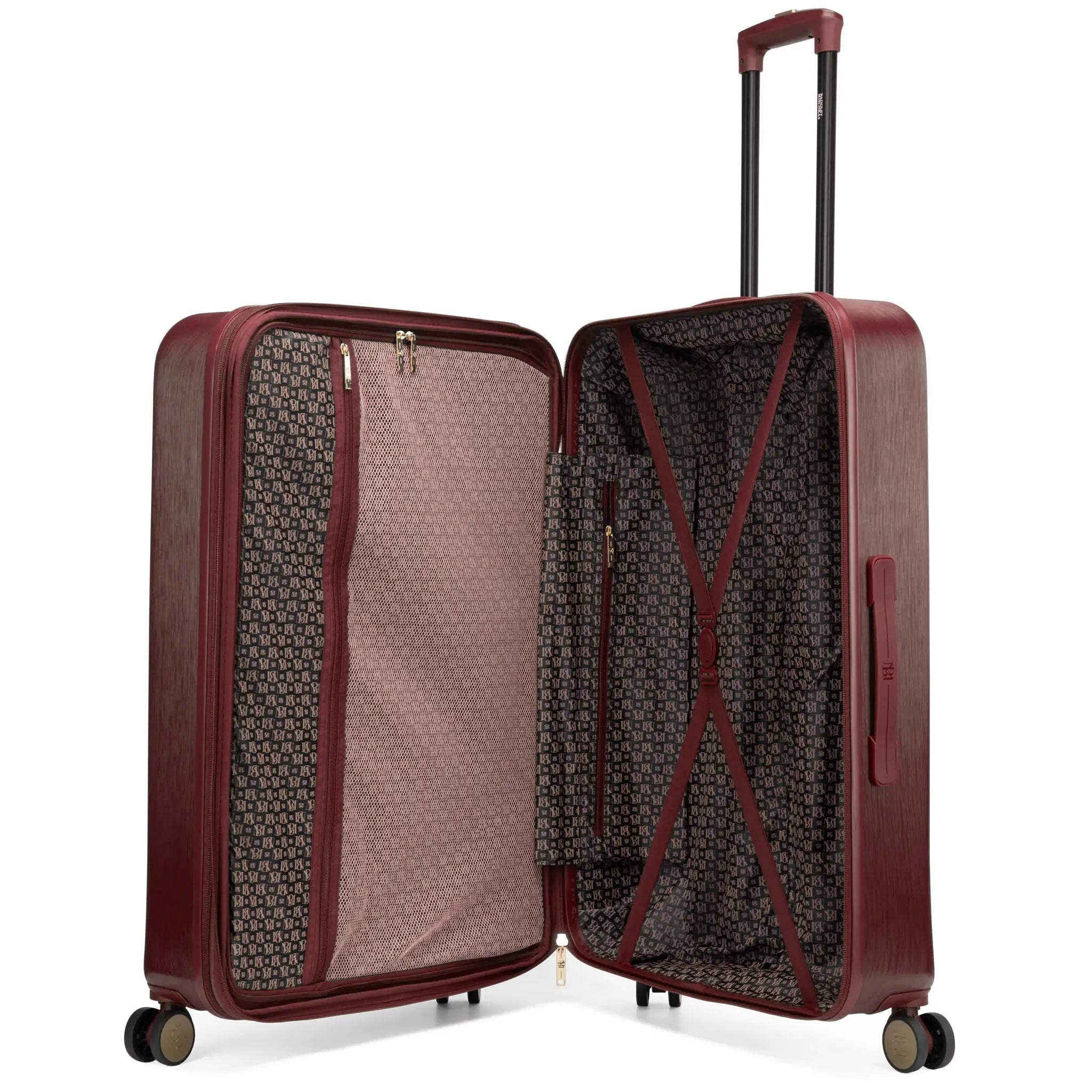 Open maroon suitcase with patterned interior on a white background