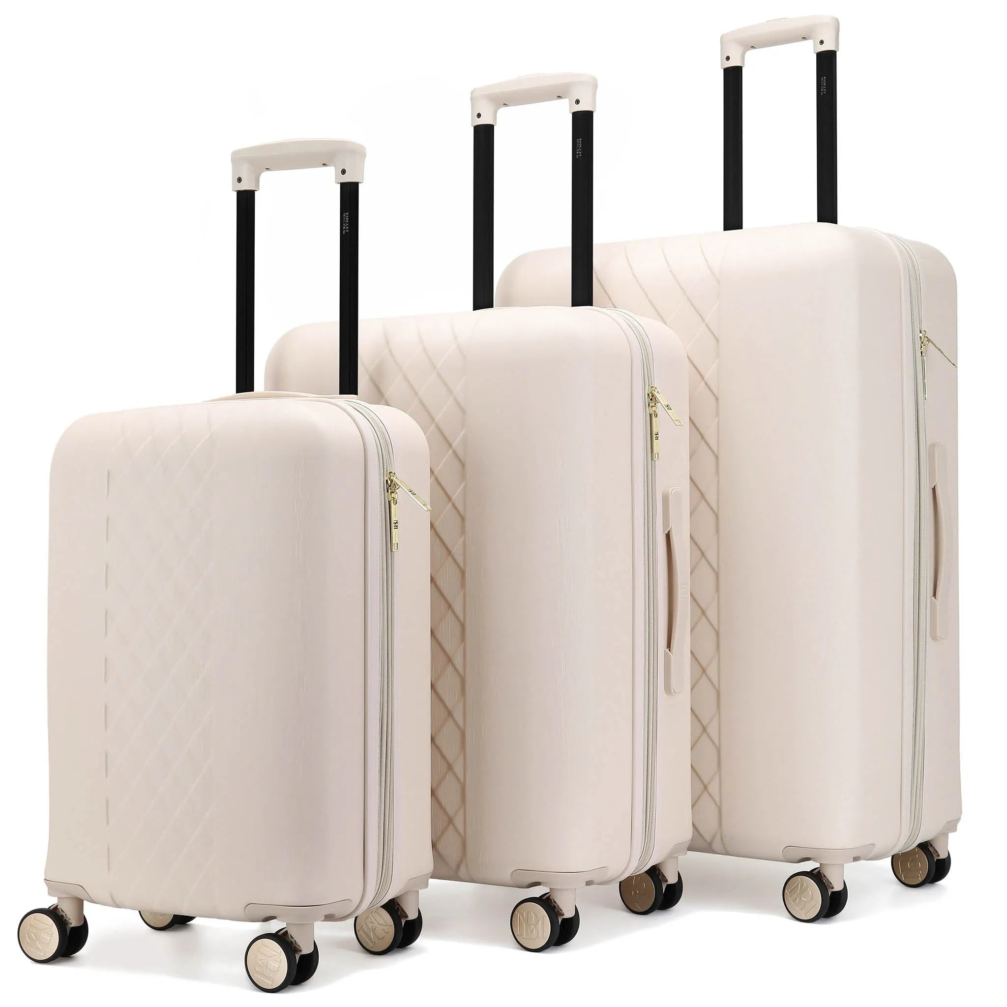 Set of three beige suitcases with wheels on a white background
