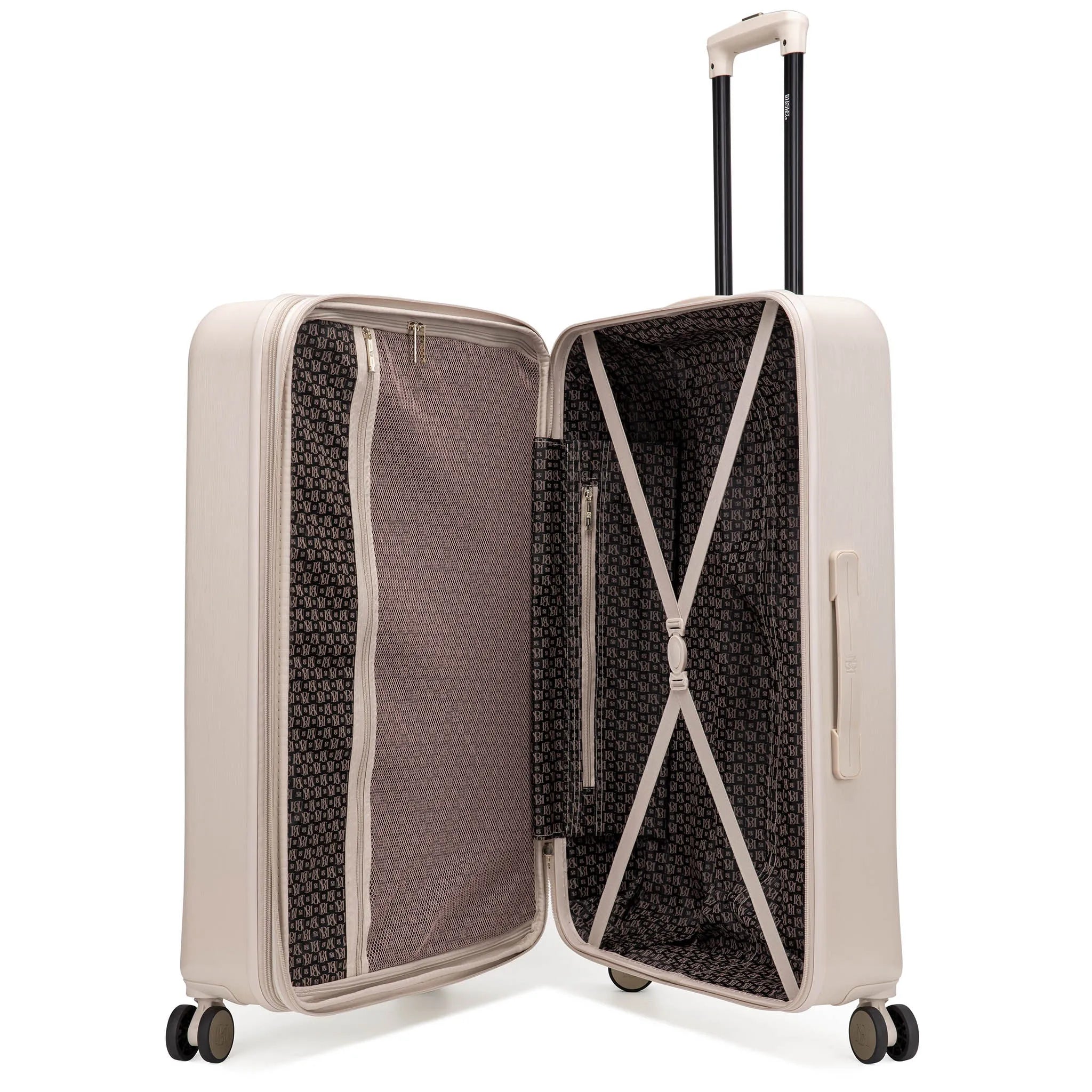 Beige suitcase with open compartments on a white background